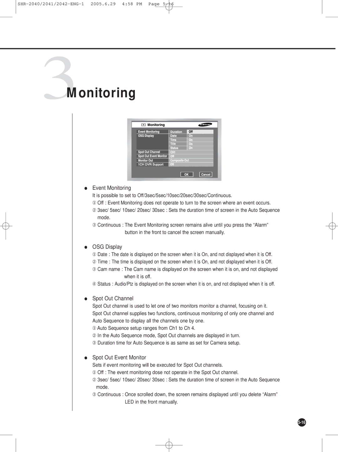 Samsung SHR-2041, SHR-2042, SHR-2040 user manual 3Monitoring, OSG Display, Spot Out Channel, Spot Out Event Monitor 