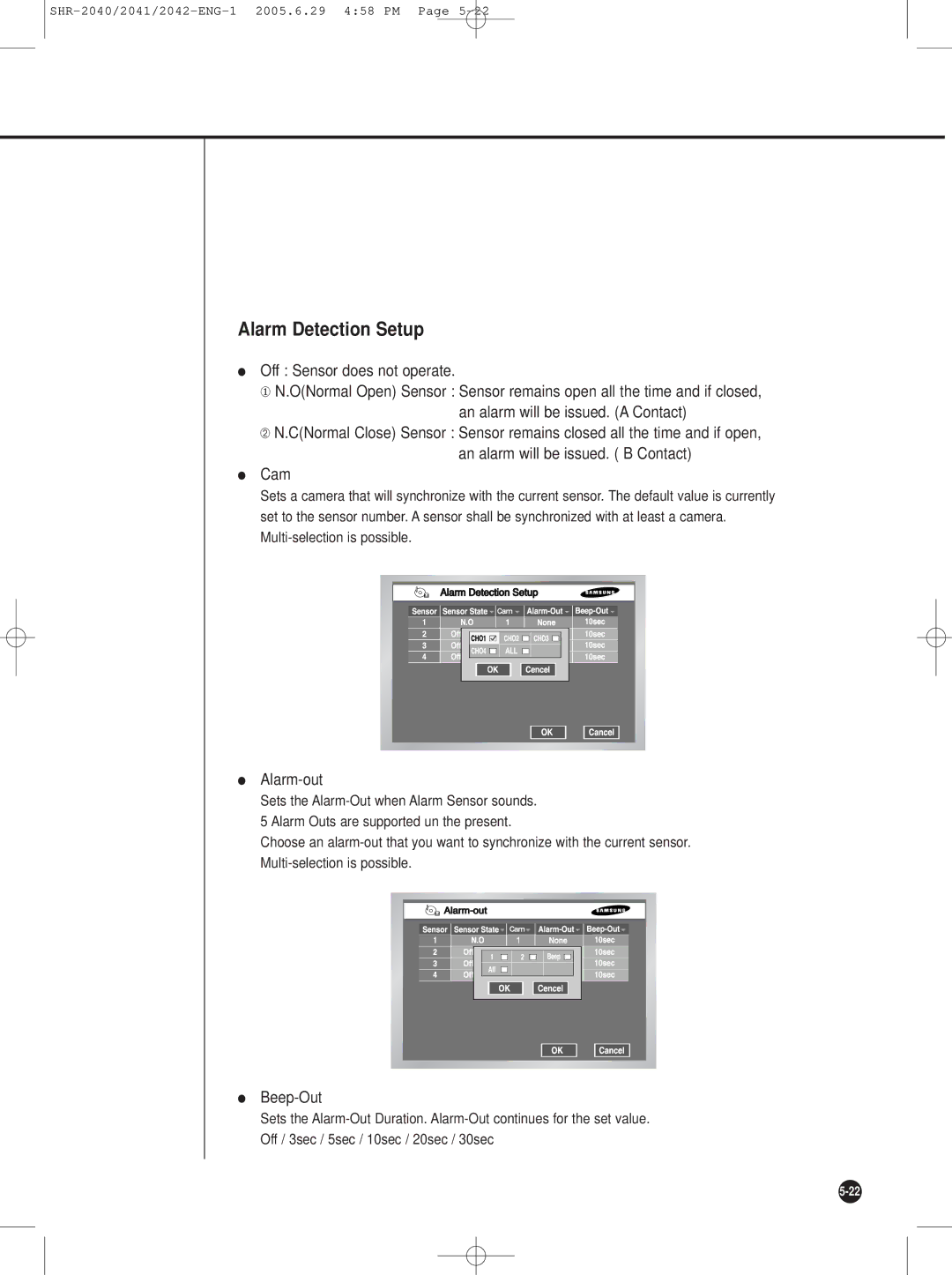 Samsung SHR-2041, SHR-2042, SHR-2040 user manual Alarm Detection Setup, Alarm-out, Beep-Out 