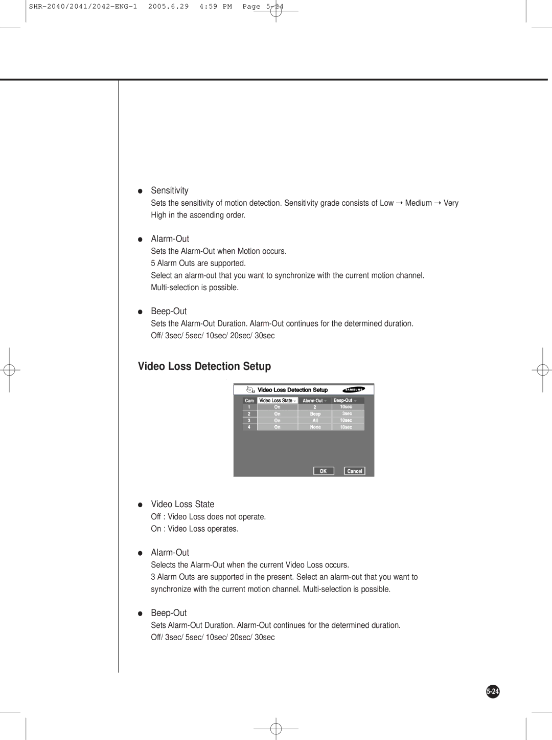 Samsung SHR-2042, SHR-2041, SHR-2040 user manual Video Loss Detection Setup, Sensitivity, Video Loss State 