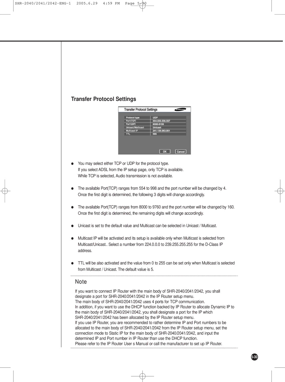 Samsung SHR-2042, SHR-2041, SHR-2040 Transfer Protocol Settings, You may select either TCP or UDP for the protocol type 