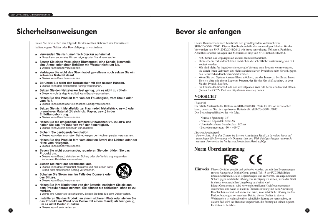 Samsung SHR-2042P manual Sicherheitsanweisungen, Bevor sie anfangen 