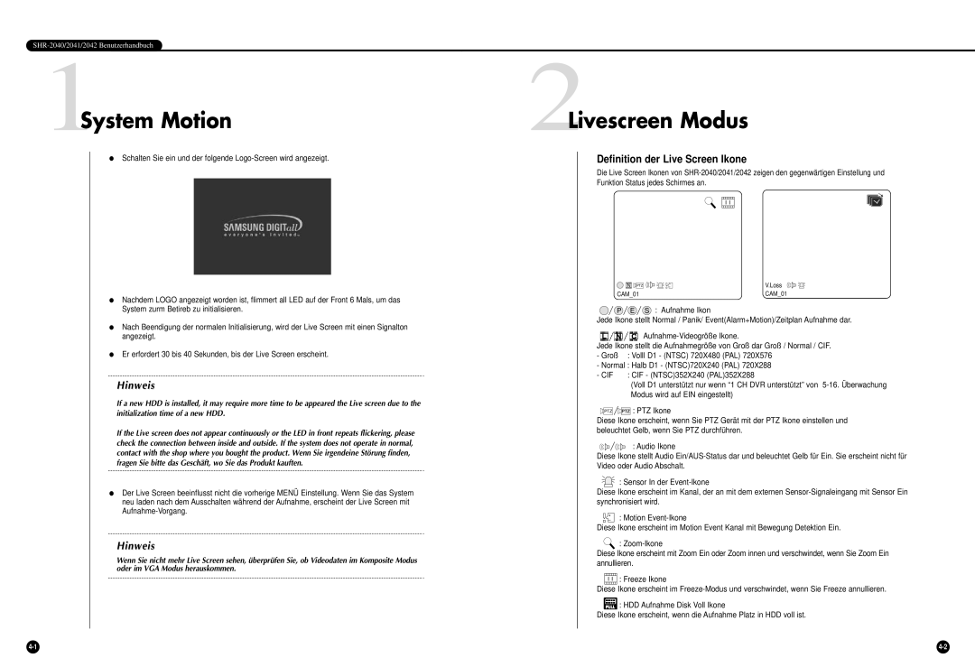 Samsung SHR-2042P manual 1System Motion, 2Livescreen Modus, Definition der Live Screen Ikone 