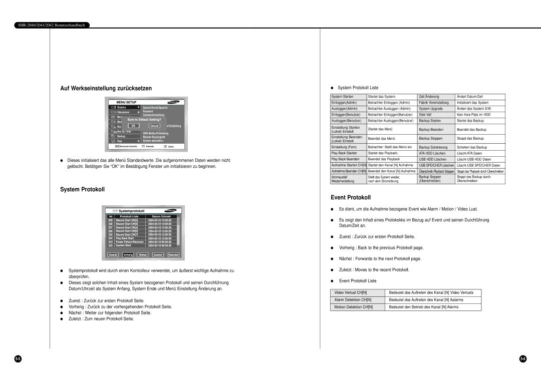 Samsung SHR-2042P manual Auf Werkseinstellung zurücksetzen, System Protokoll, Event Protokoll 