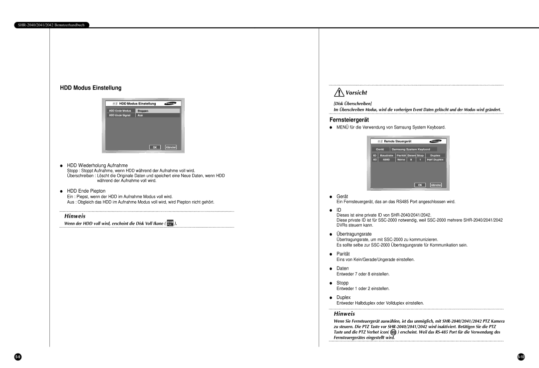 Samsung SHR-2042P manual HDD Modus Einstellung, Fernsteiergerät 