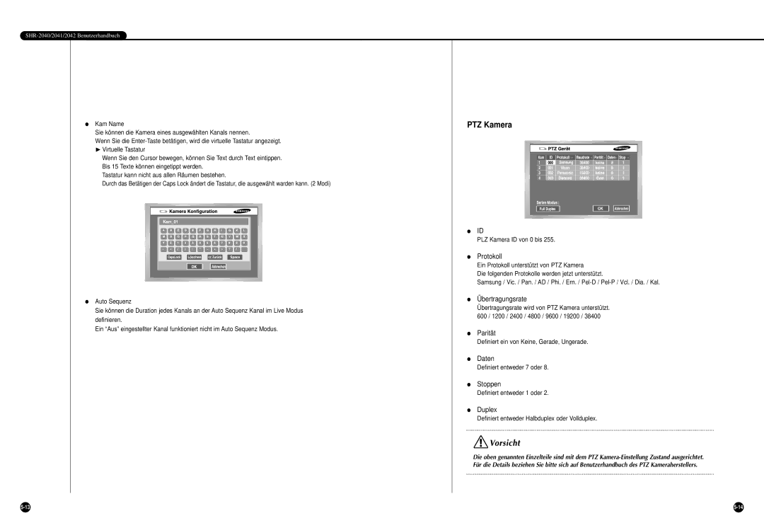 Samsung SHR-2042P manual PTZ Kamera, Protokoll, Stoppen 