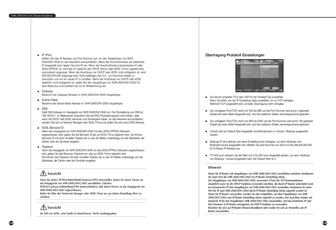 Samsung SHR-2042P manual Übertragung Protokoll Einstellungen 