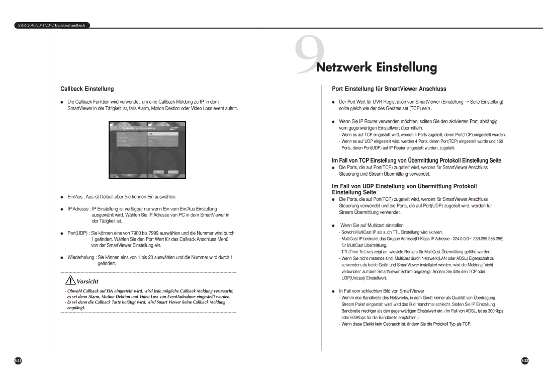 Samsung SHR-2042P manual 9Netzwerk Einstellung, Callback Einstellung, Port Einstellung für SmartViewer Anschluss 