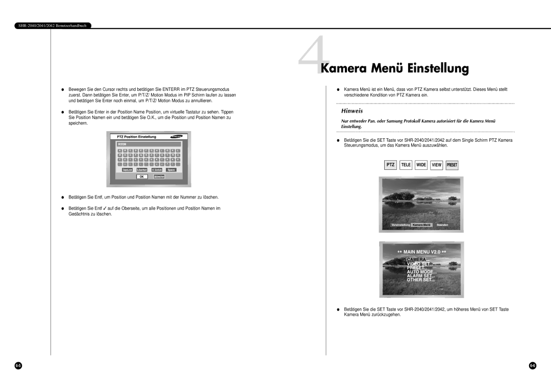 Samsung SHR-2042P manual 4Kamera Menü Einstellung 