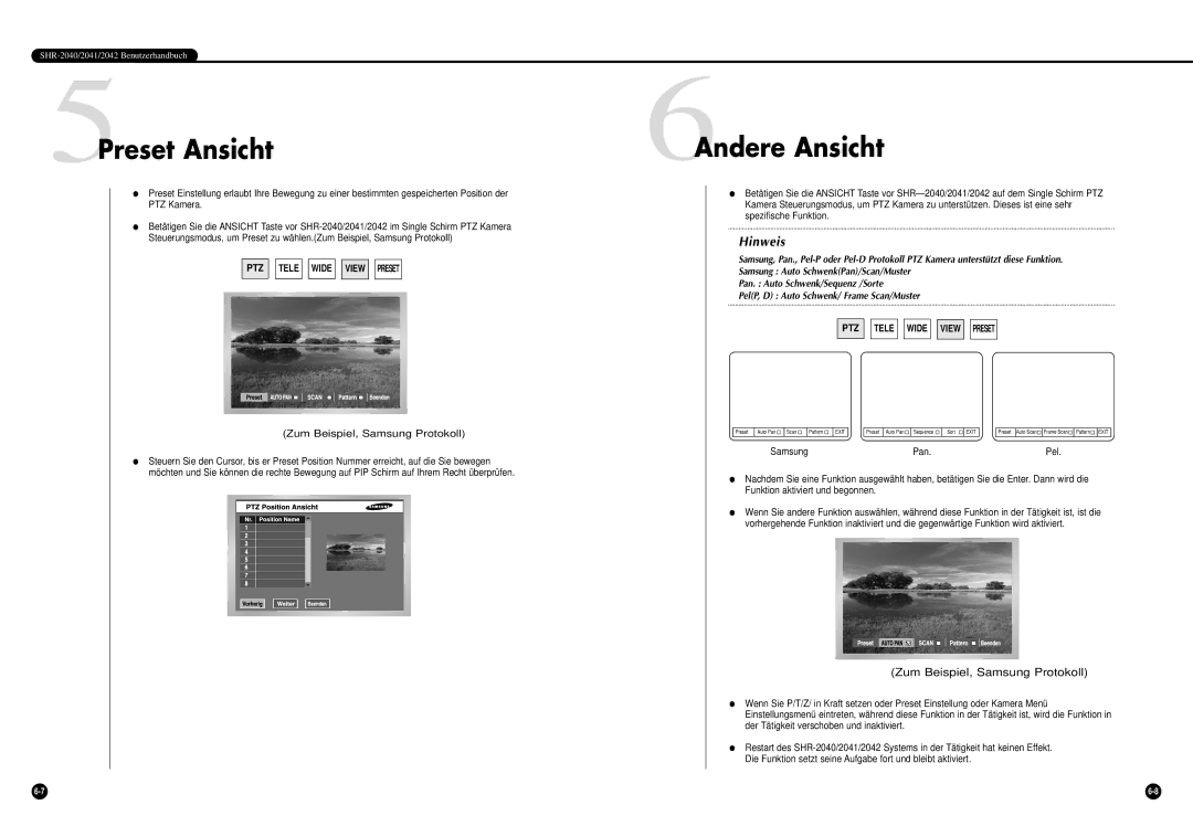 Samsung SHR-2042P manual 5Preset Ansicht, 6Andere Ansicht, Zum Beispiel, Samsung Protokoll 