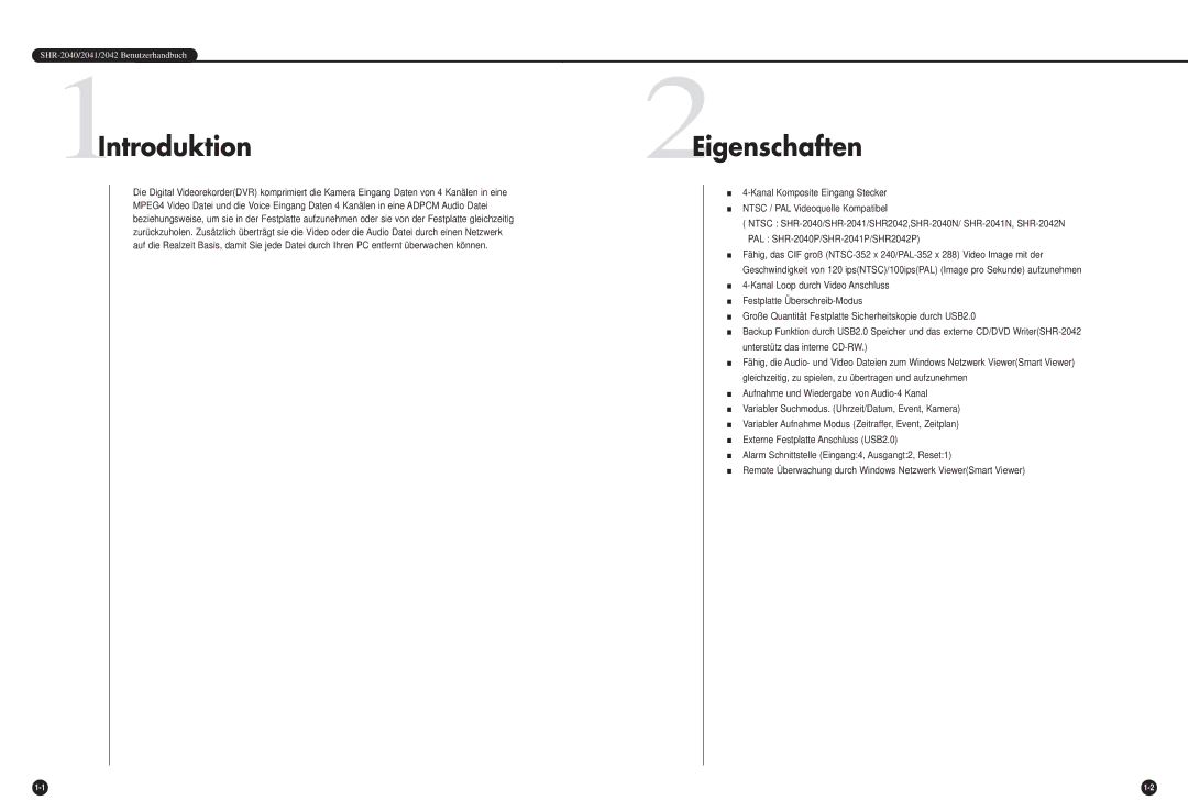 Samsung SHR-2042P manual 1Introduktion, 2Eigenschaften 