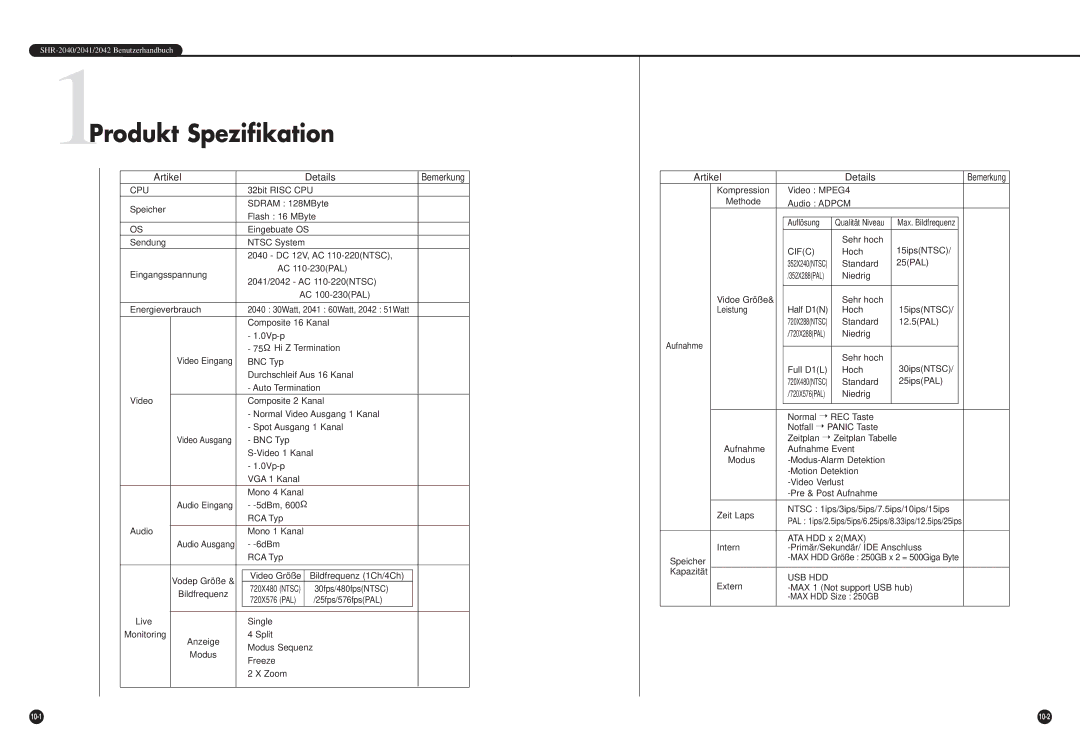 Samsung SHR-2042P manual 1Produkt Spezifikation, Artikel Details 