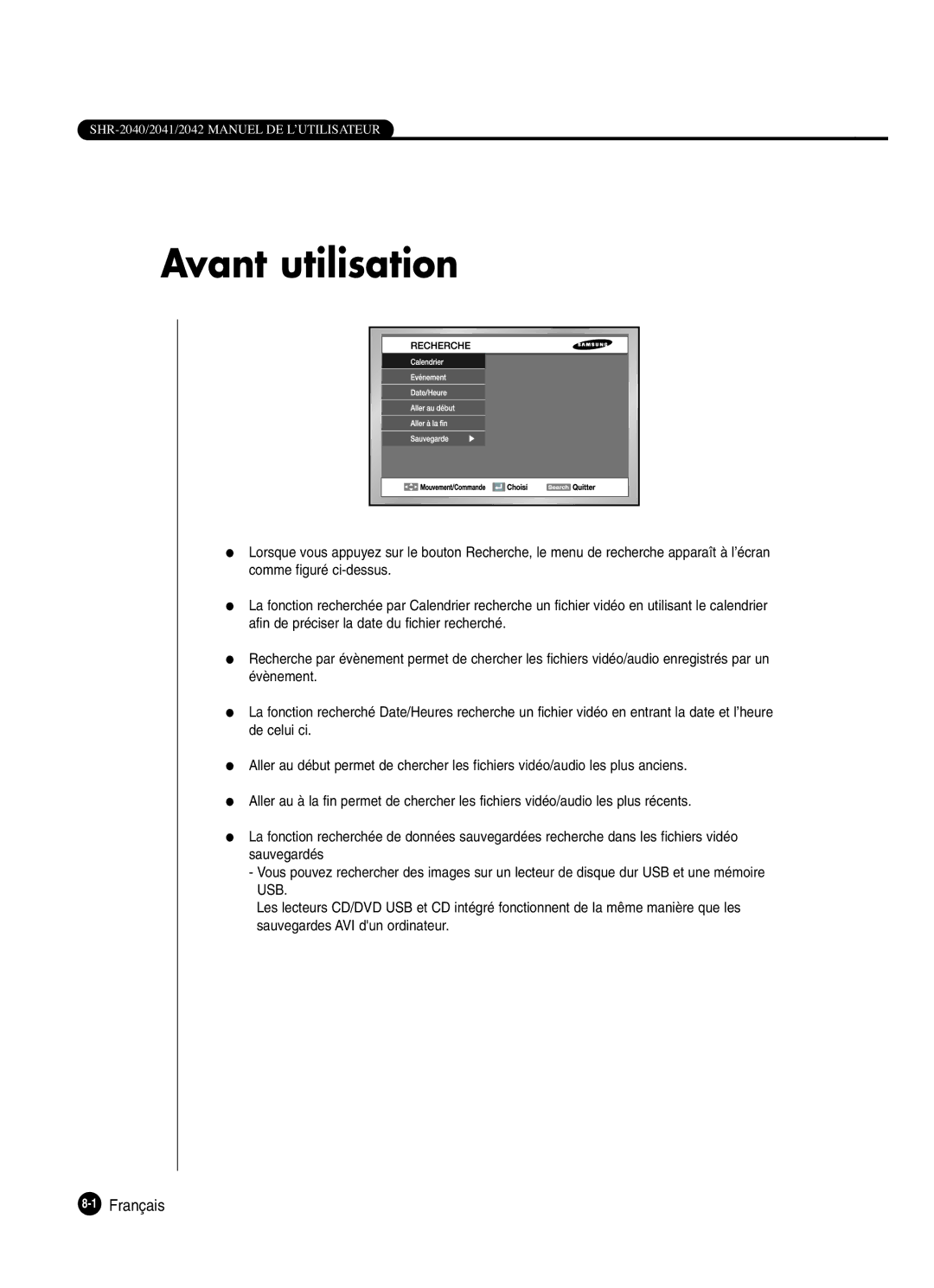 Samsung SHR-2042P250, SHR-2040P250 manual Avant utilisation 