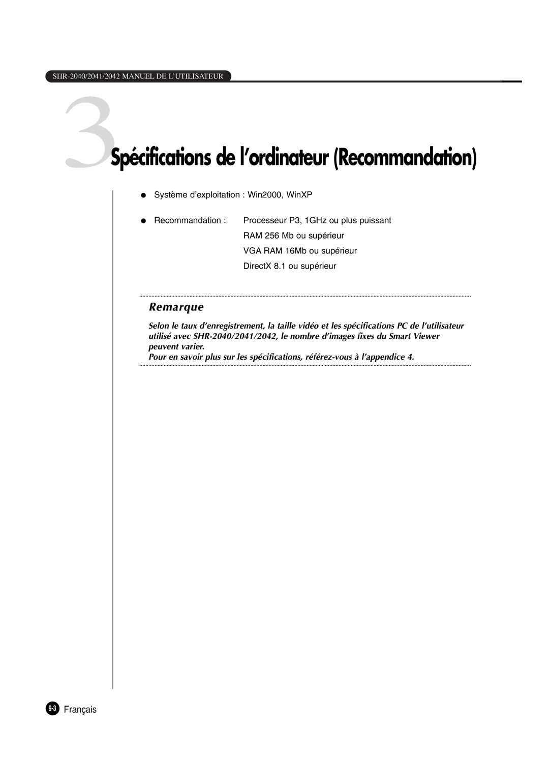 Samsung SHR-2042P250, SHR-2040P250 manual 3Spécifications de l’ordinateur Recommandation 