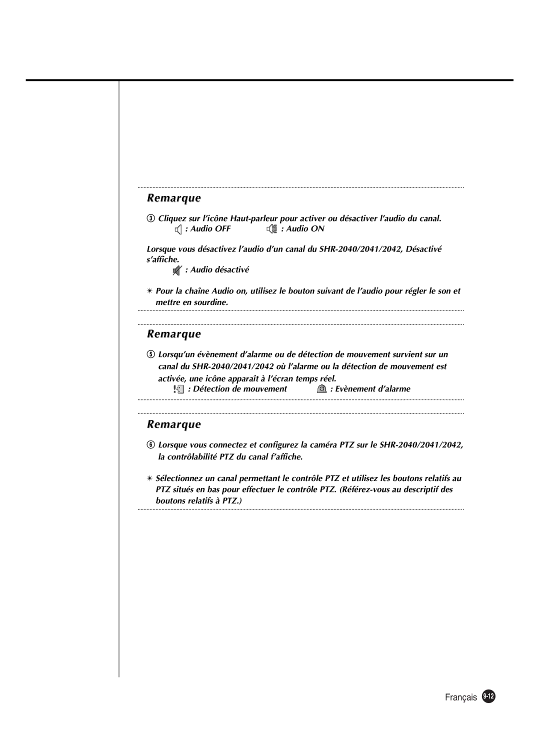 Samsung SHR-2040P250, SHR-2042P250 manual Evènement d’alarme 