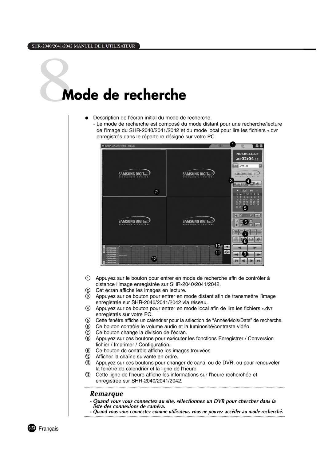 Samsung SHR-2042P250, SHR-2040P250 manual 8Mode de recherche, 23Français 