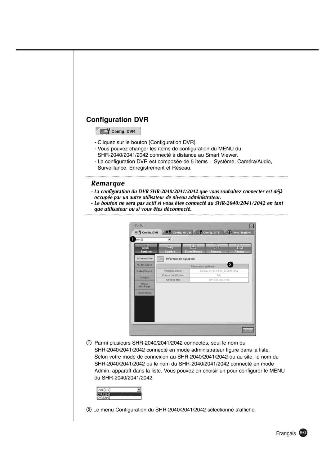 Samsung SHR-2040P250, SHR-2042P250 manual Cliquez sur le bouton Configuration DVR 