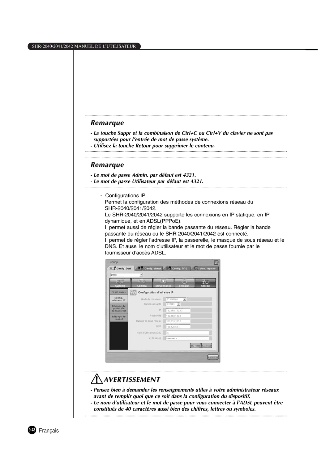 Samsung SHR-2042P250, SHR-2040P250 manual 43Français 