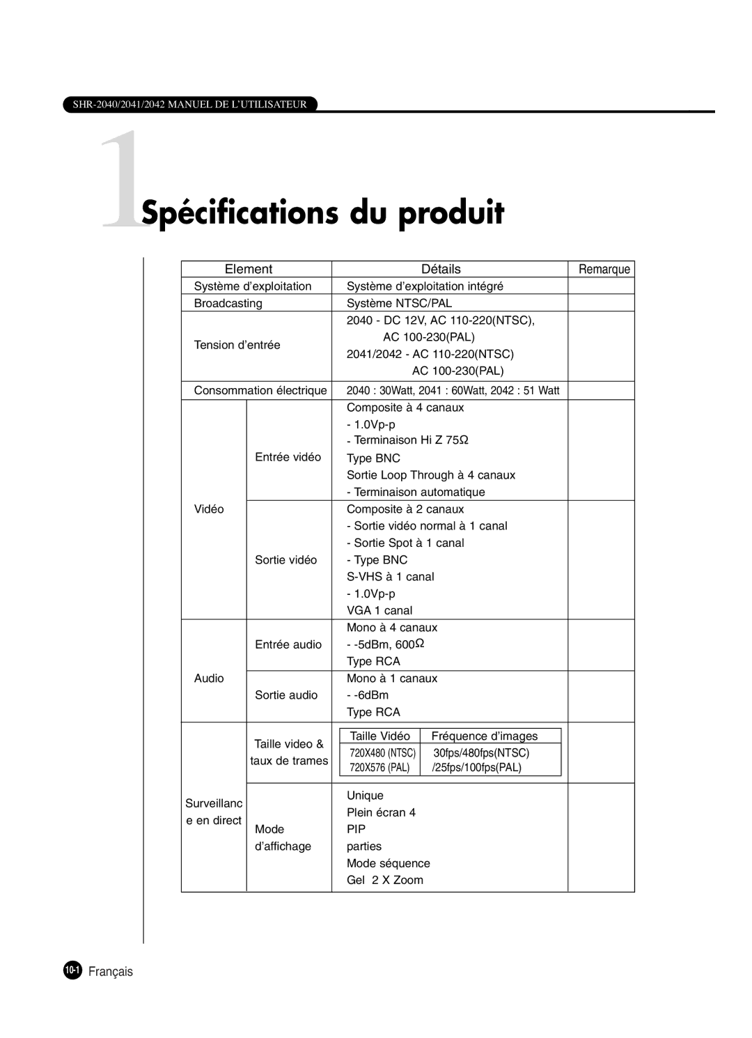 Samsung SHR-2042P250, SHR-2040P250 manual 1Spécifications du produit, Element Détails, 10-1Français 