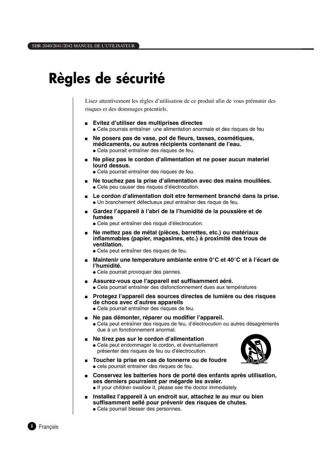 Samsung SHR-2042P250, SHR-2040P250 manual Règles de sécurité, Ii Français 