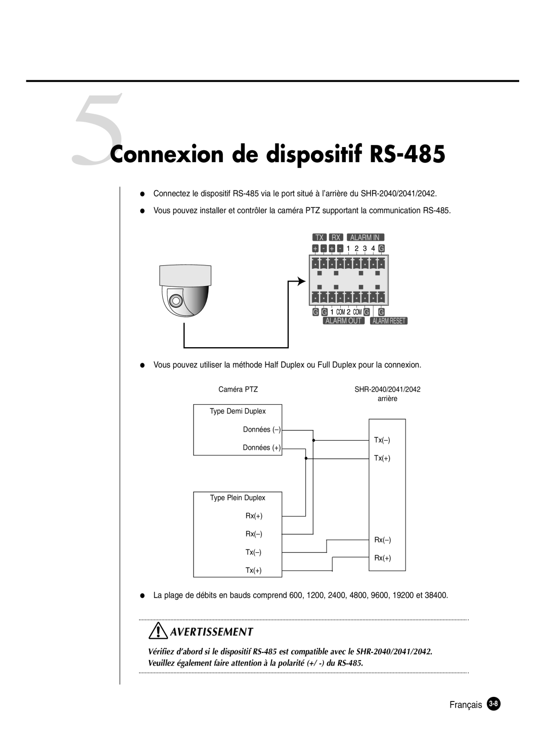 Samsung SHR-2040P250, SHR-2042P250 manual 5Connexion de dispositif RS-485 