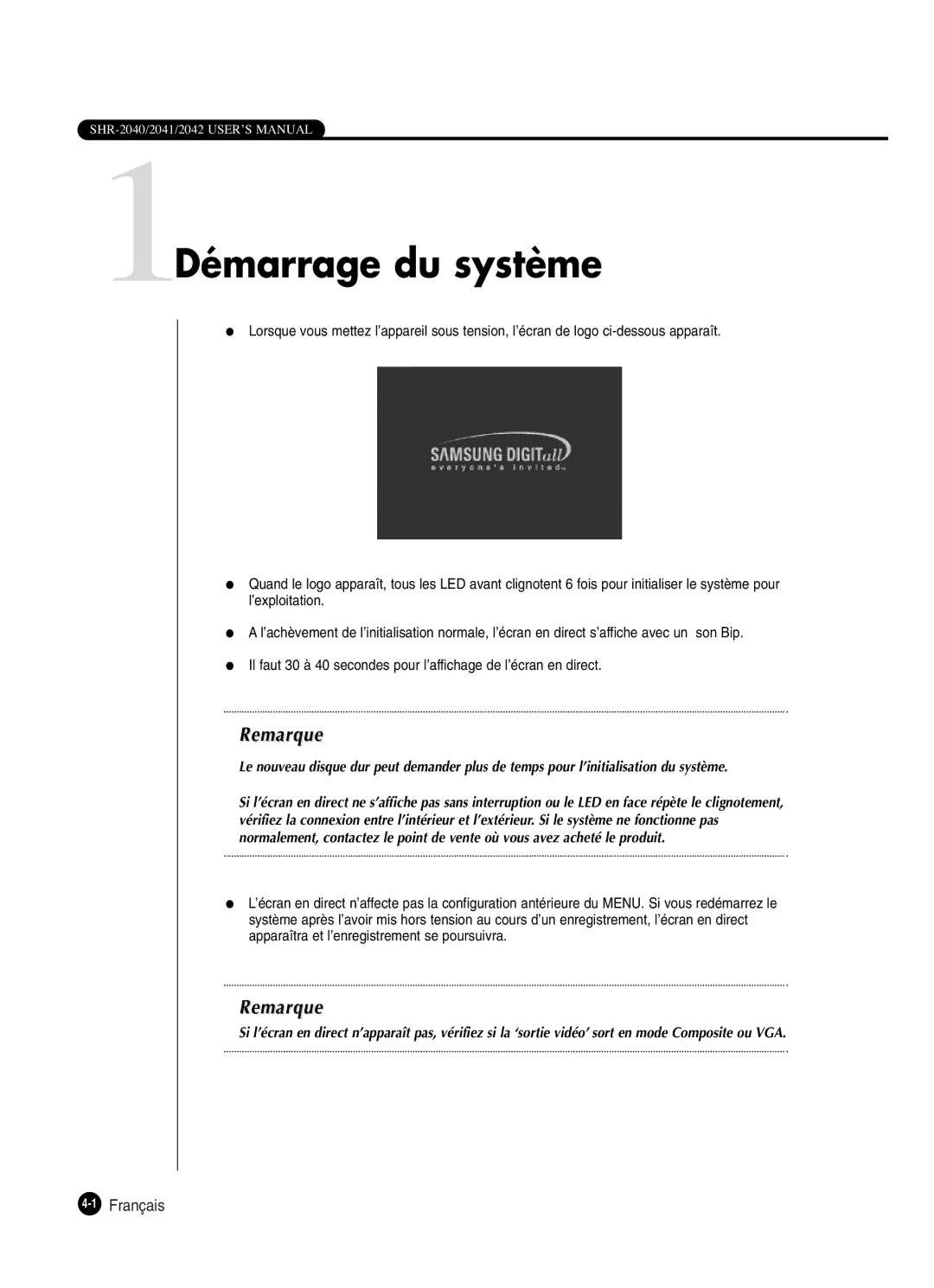 Samsung SHR-2042P250, SHR-2040P250 manual 1Démarrage du système, 1Français 