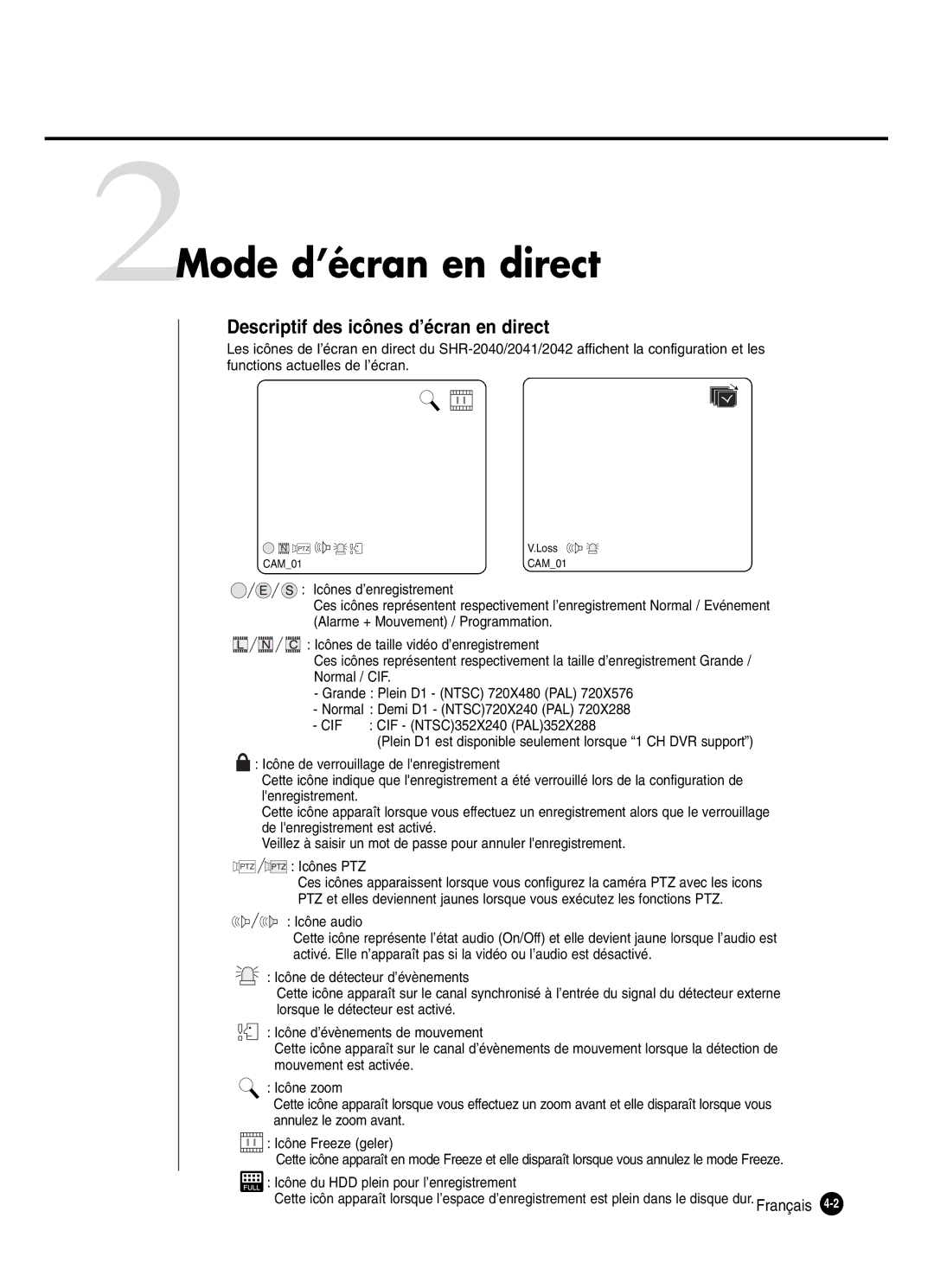 Samsung SHR-2040P250, SHR-2042P250 manual 2Mode d’écran en direct, Descriptif des icônes d’écran en direct 