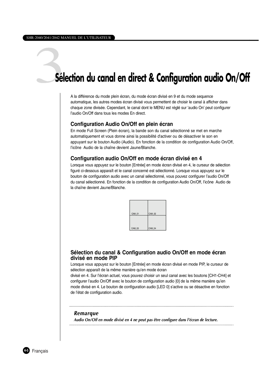 Samsung SHR-2042P250 manual Configuration Audio On/Off en plein écran, Configuration audio On/Off en mode écran divisé en 