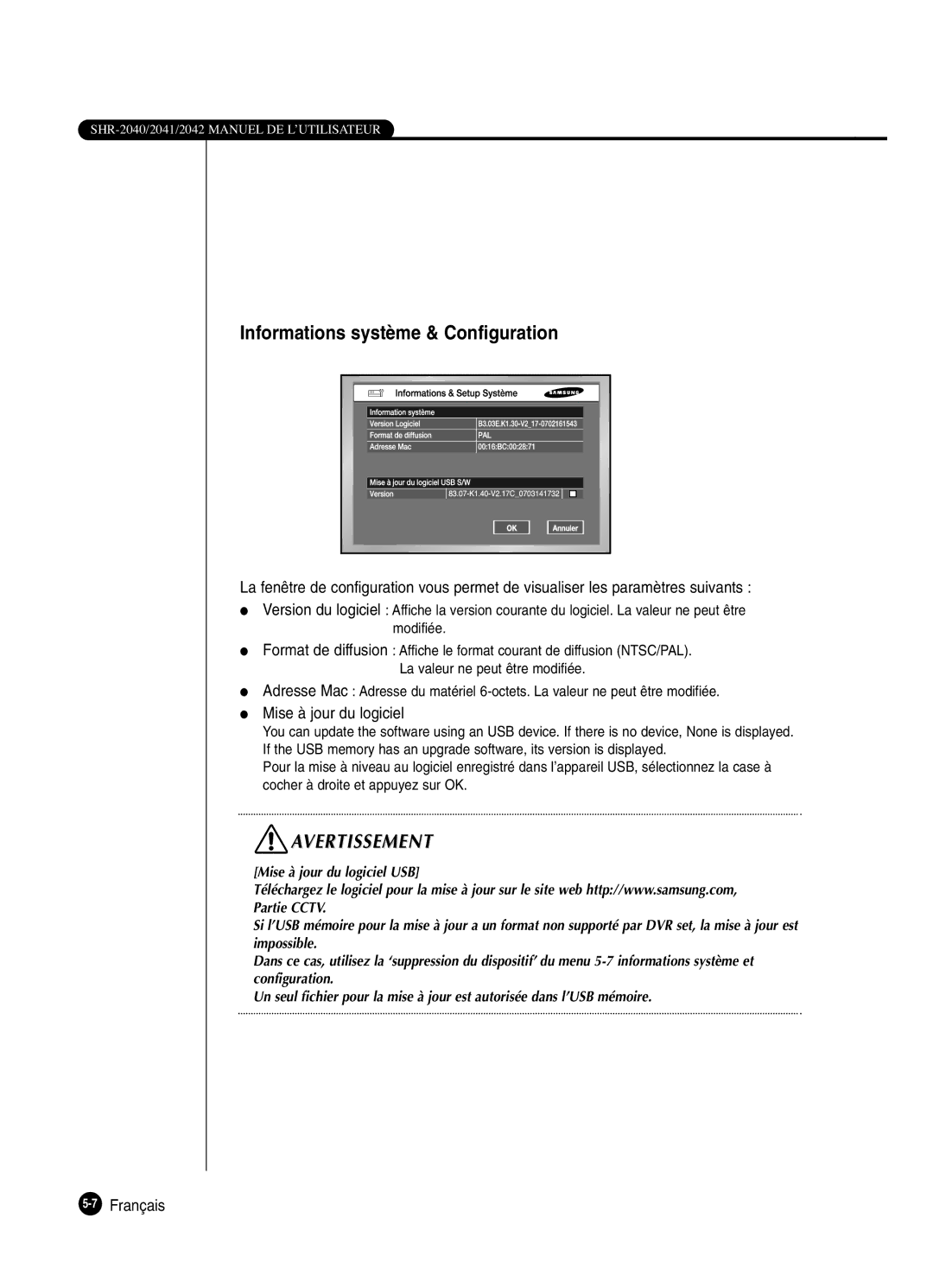 Samsung SHR-2042P250, SHR-2040P250 manual Informations système & Configuration, Mise à jour du logiciel 