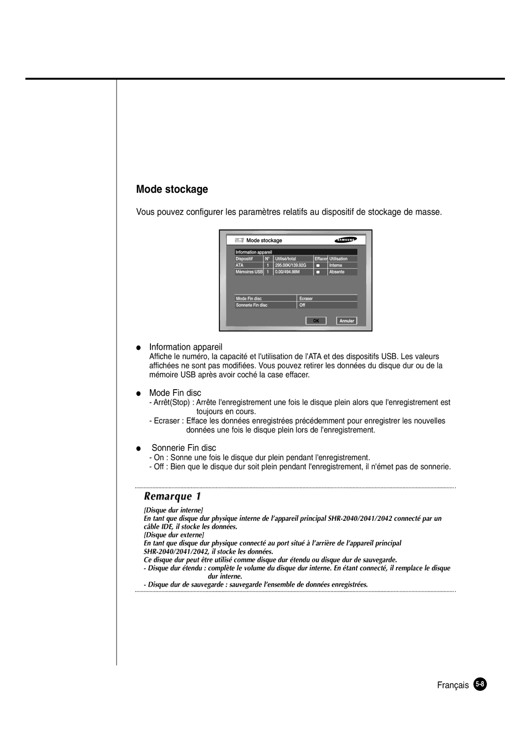 Samsung SHR-2040P250, SHR-2042P250 manual Mode stockage, Mode Fin disc, Sonnerie Fin disc 