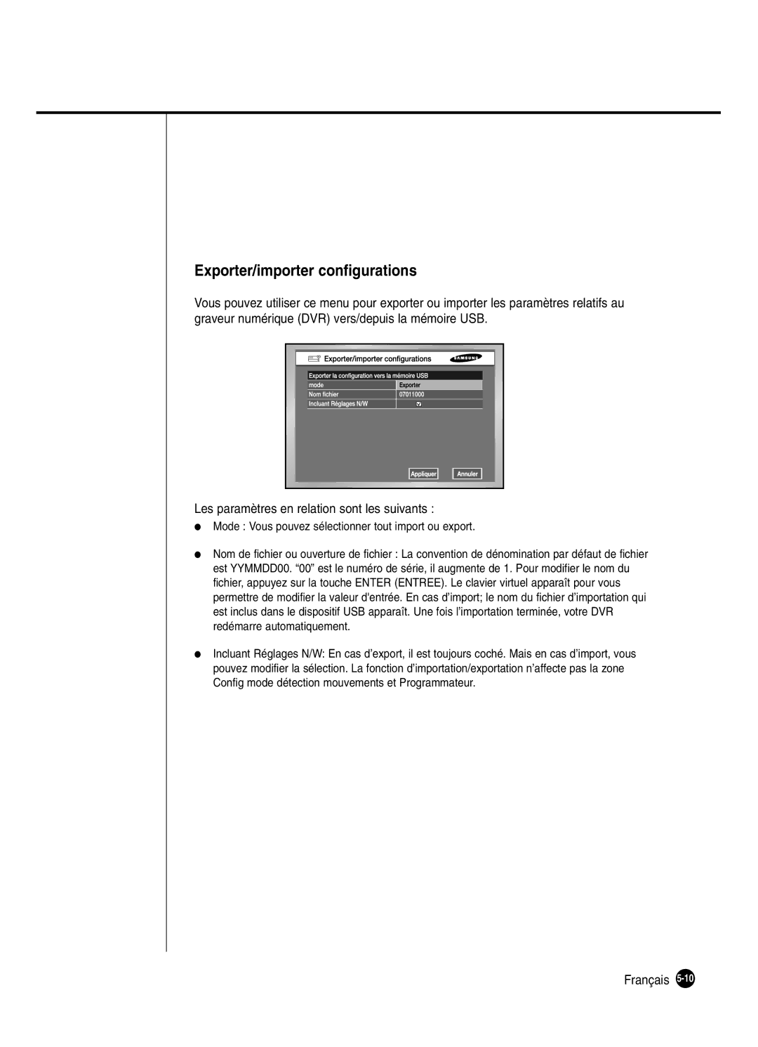 Samsung SHR-2042P250, SHR-2040P Exporter/importer configurations, Mode Vous pouvez sélectionner tout import ou export 