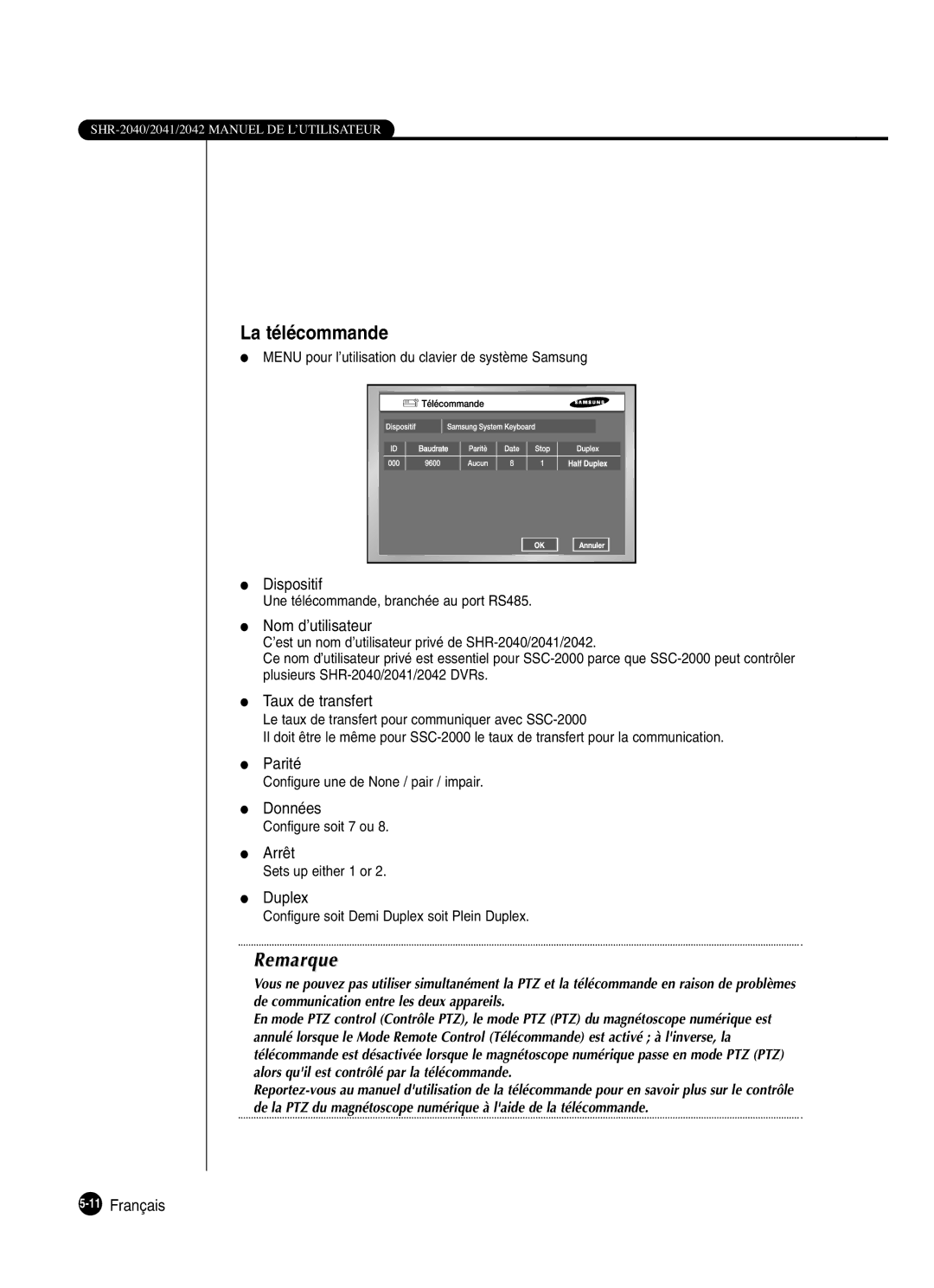 Samsung SHR-2042P250, SHR-2040P250 manual La télécommande 