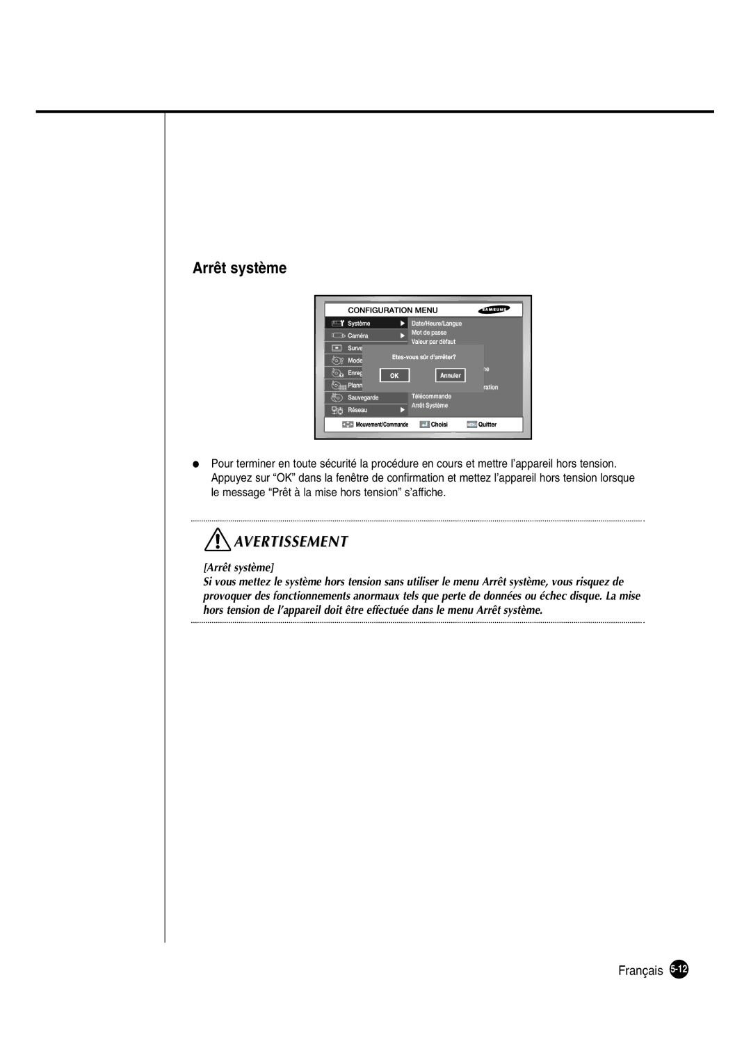 Samsung SHR-2040P250, SHR-2042P250 manual Arrêt système 