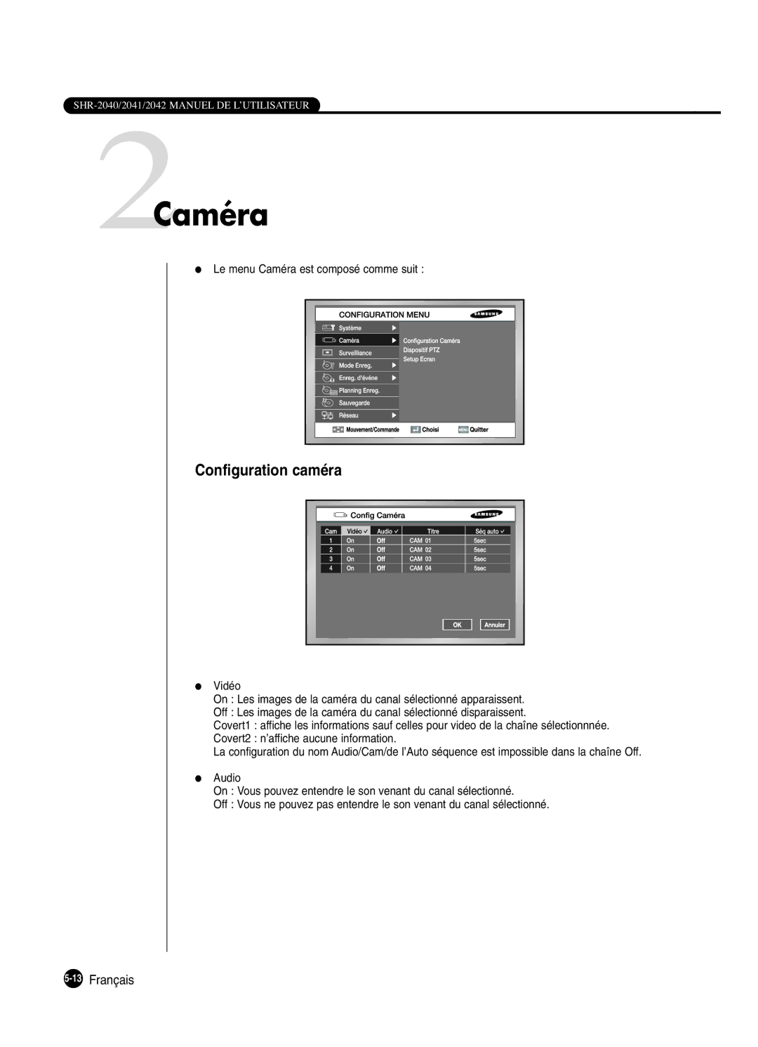 Samsung SHR-2042P250, SHR-2040P250 manual 2Caméra, Configuration caméra 