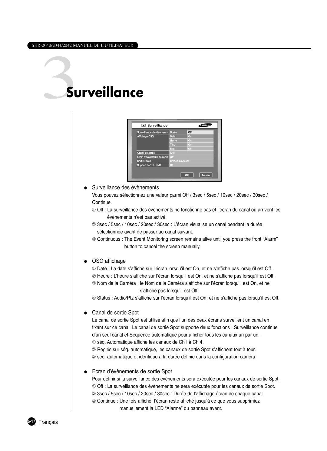 Samsung SHR-2040P, SHR-2042P250 manual 3Surveillance, OSG affichage, Canal de sortie Spot, Ecran d’évènements de sortie Spot 