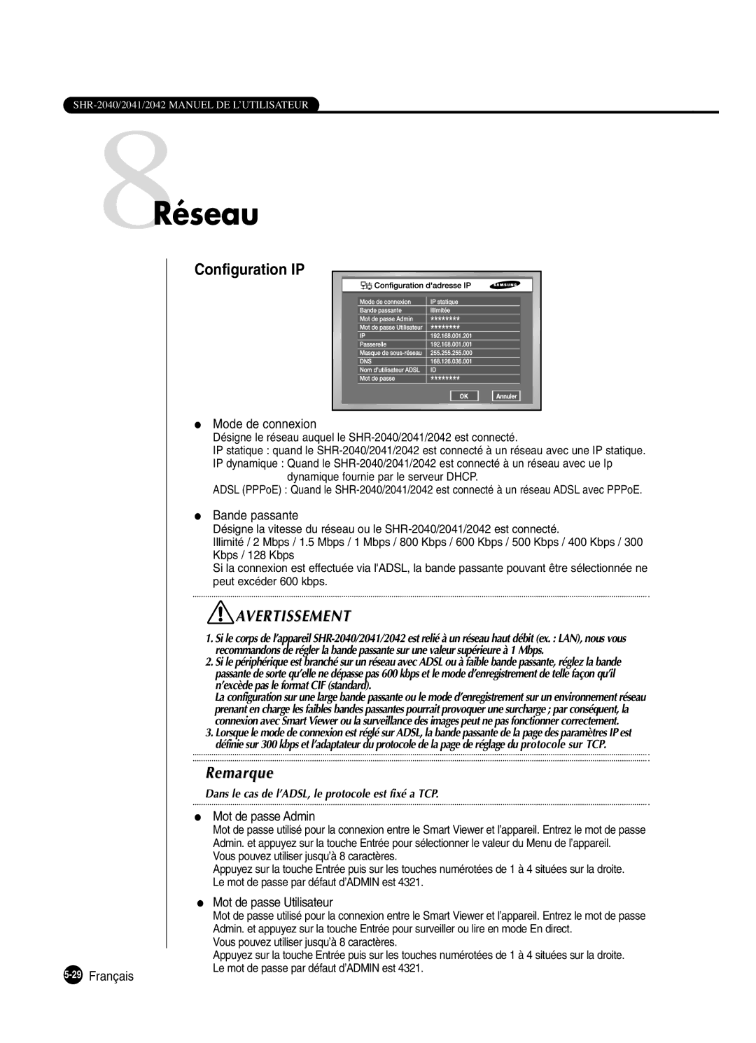Samsung SHR-2042P250, SHR-2040P250 manual 8Réseau, Configuration IP 