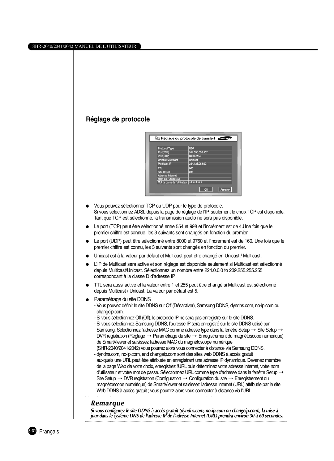 Samsung SHR-2042P250, SHR-2040P250 manual Réglage de protocole, Paramétrage du site Ddns, 31Français 