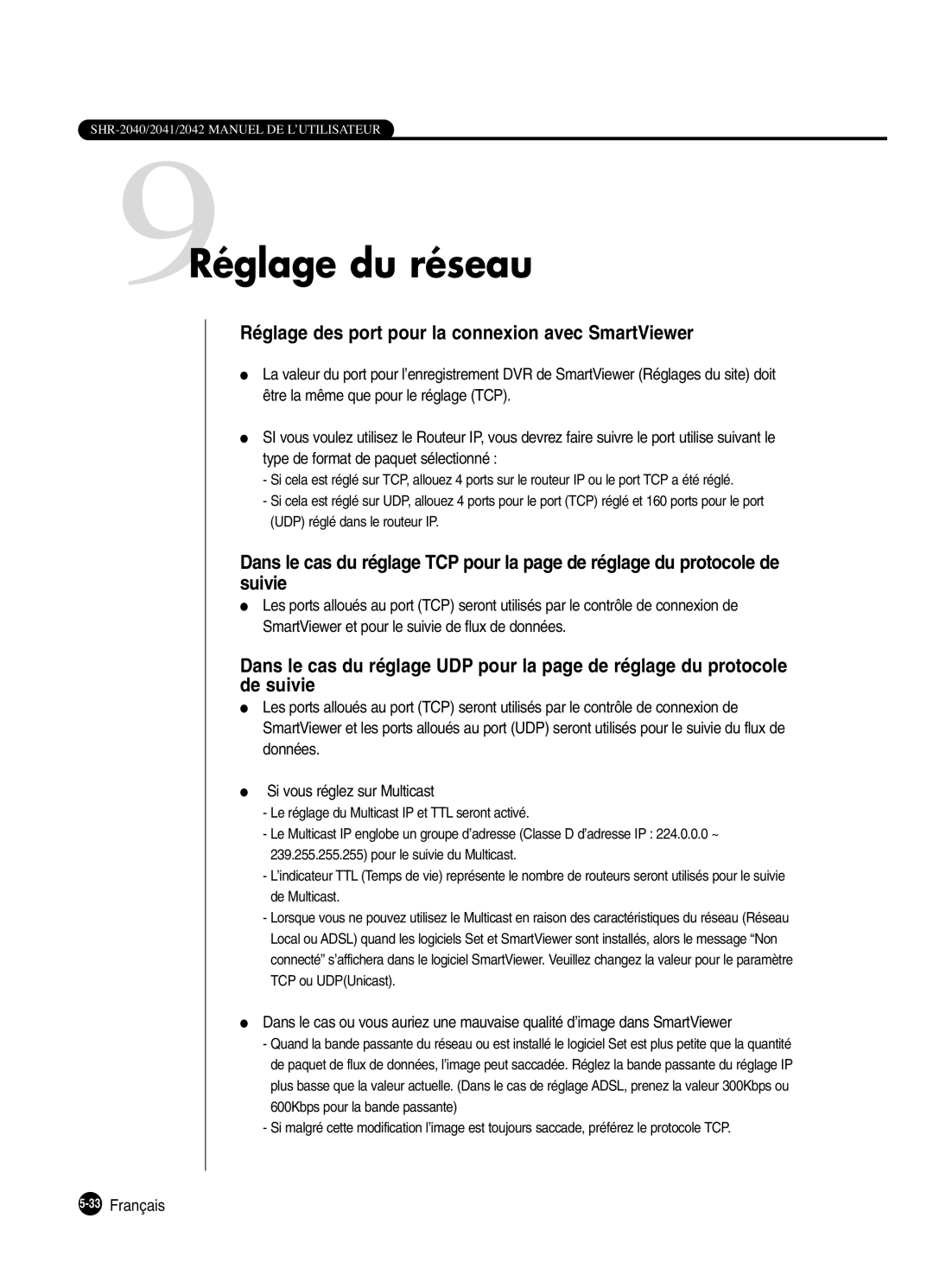 Samsung SHR-2040P, SHR-2042P250 manual 9Réglage du réseau, Réglage des port pour la connexion avec SmartViewer, 33Français 