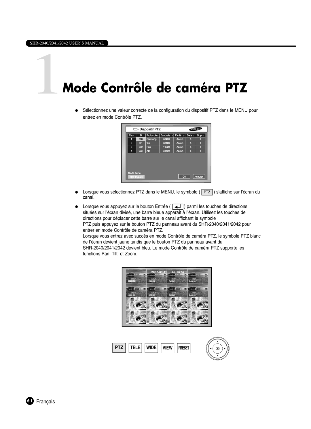 Samsung SHR-2042P250, SHR-2040P250 manual 1Mode Contrôle de caméra PTZ, ’affiche sur l’écran du 