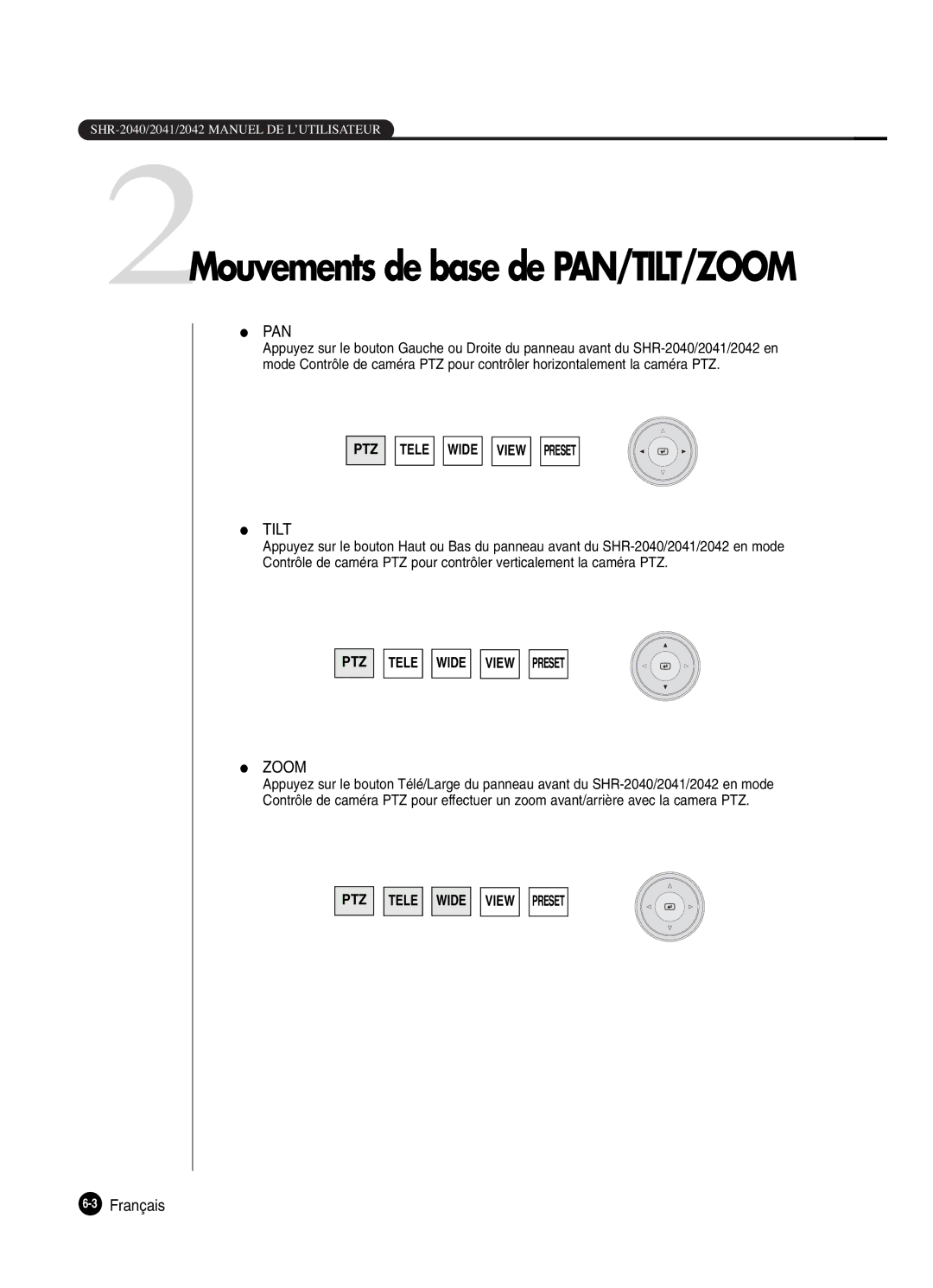 Samsung SHR-2042P250, SHR-2040P250 manual 2Mouvements de base de PAN/TILT/ZOOM 