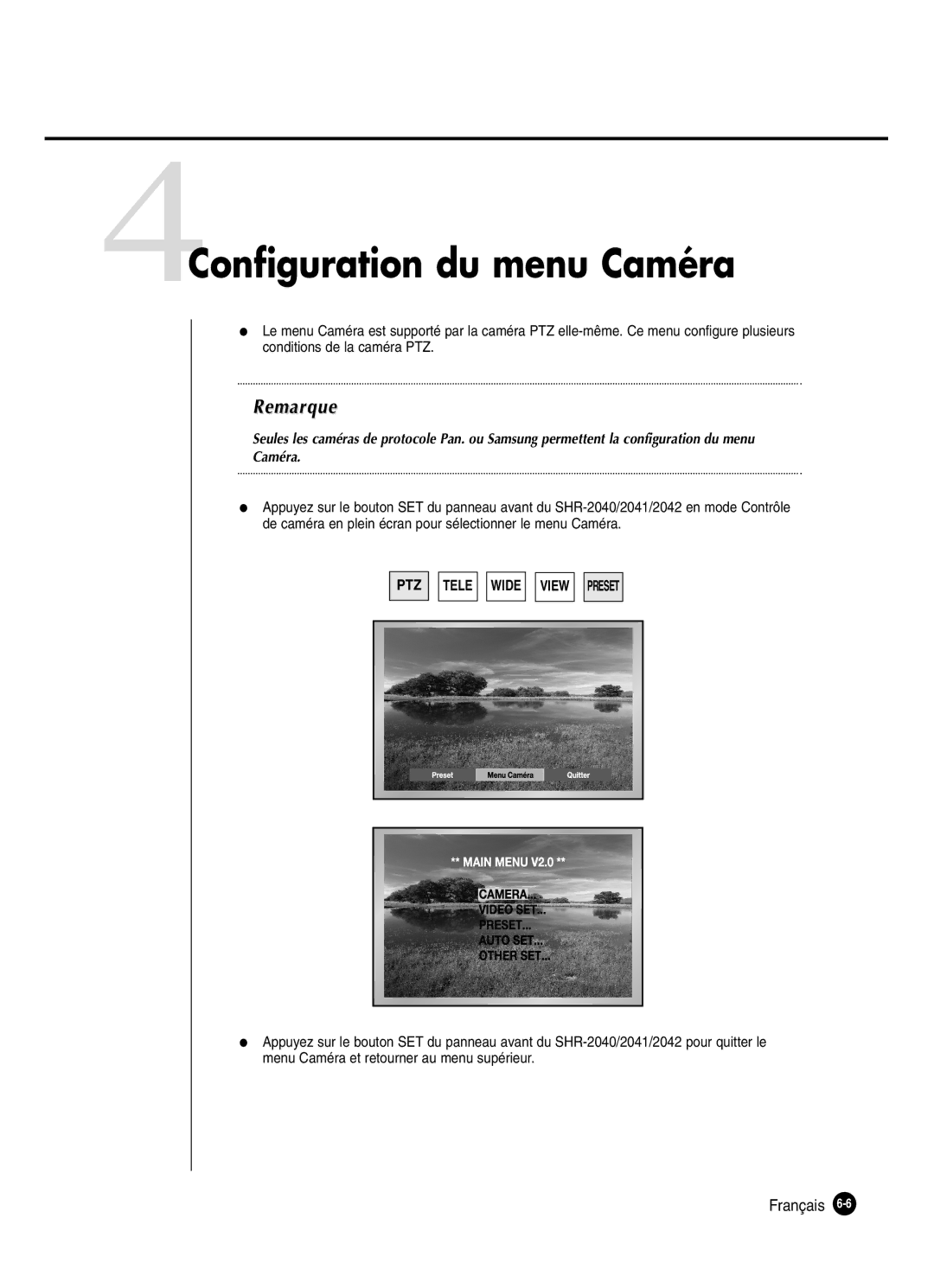 Samsung SHR-2040P250, SHR-2042P250 manual 4Configuration du menu Caméra 