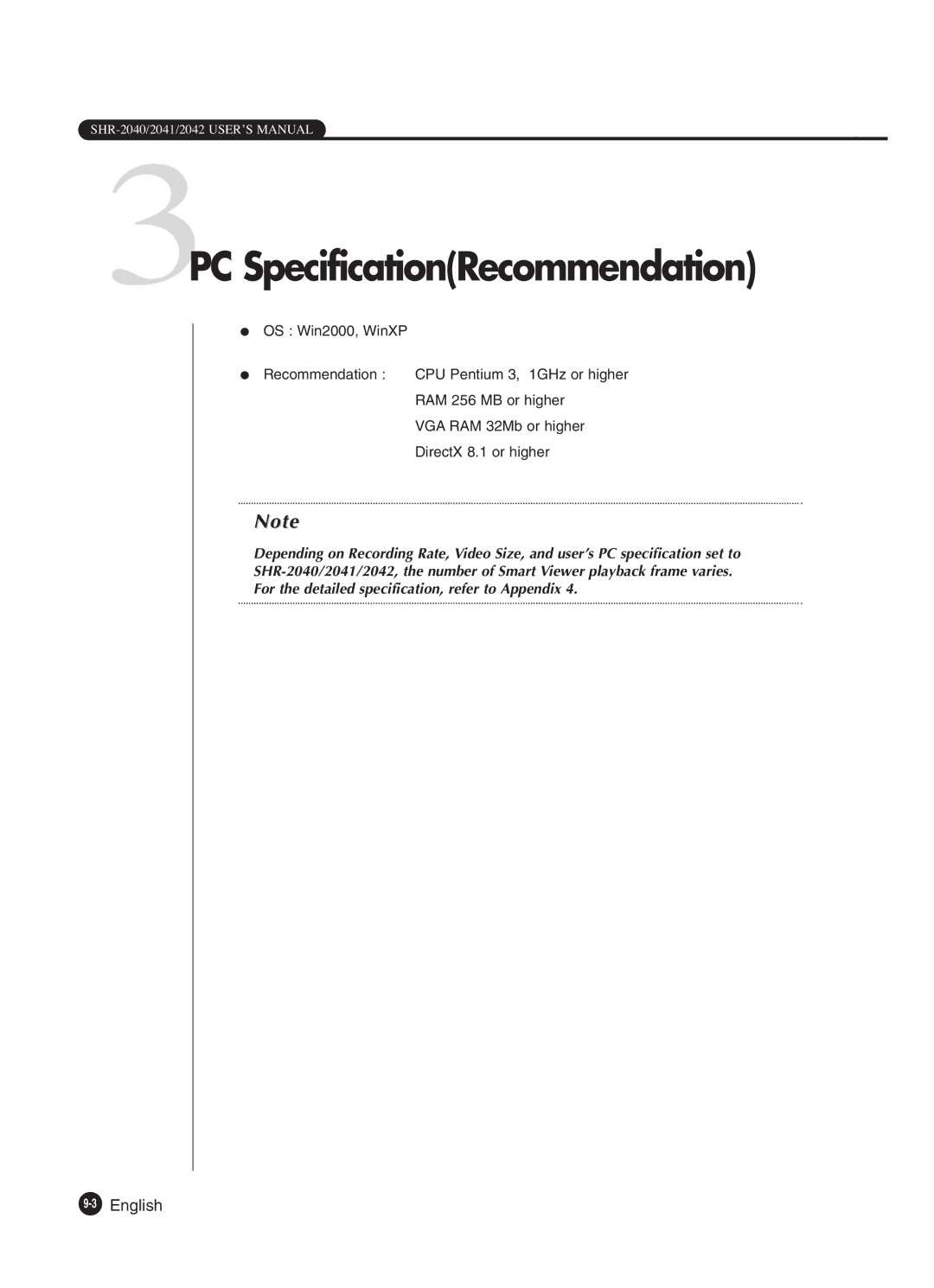 Samsung SHR-2042P250, SHR-2040P250 manual 3PC SpecificationRecommendation, 3English 