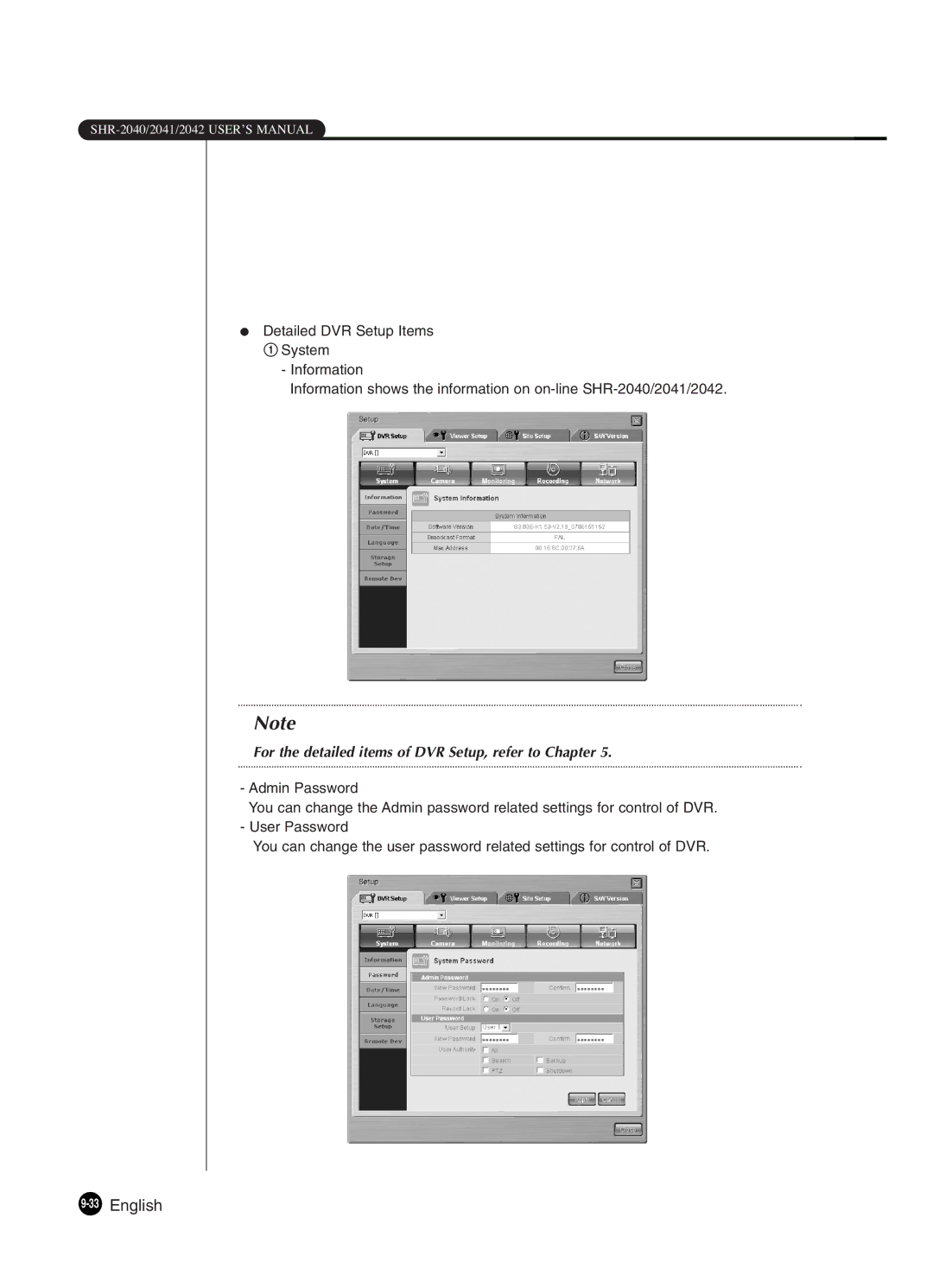 Samsung SHR-2042P250, SHR-2040P250 manual 33English, For the detailed items of DVR Setup, refer to Chapter 