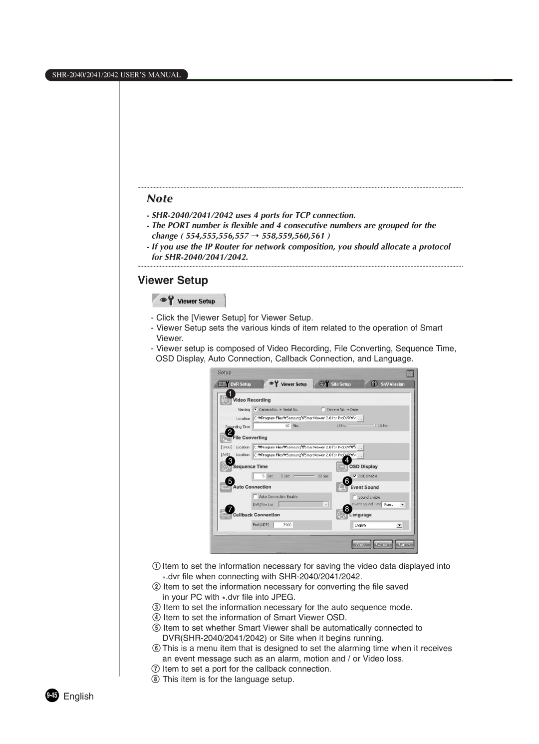 Samsung SHR-2042P250, SHR-2040P250 manual Viewer Setup, 45English 