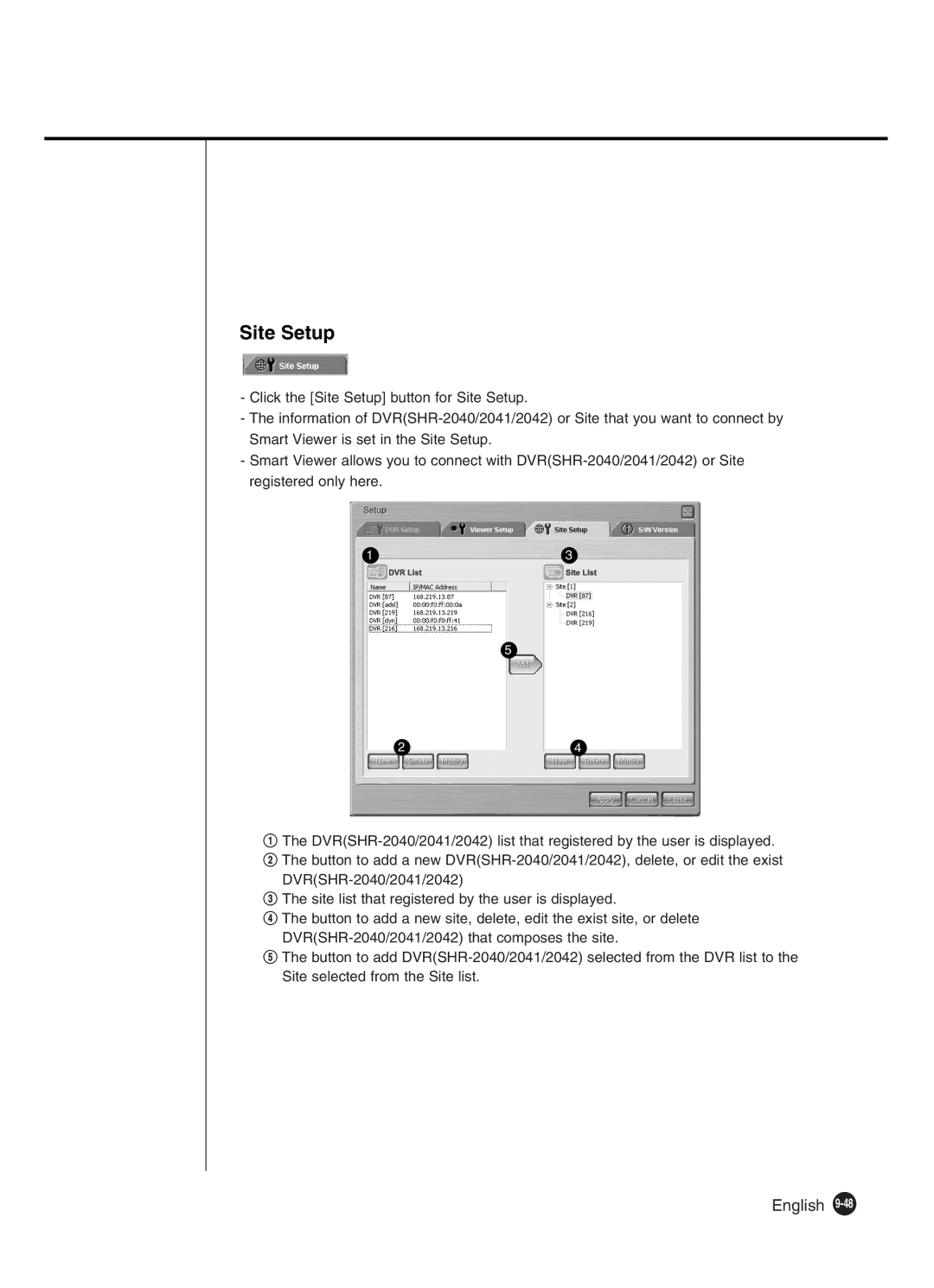 Samsung SHR-2040P250, SHR-2042P250 manual Site Setup 