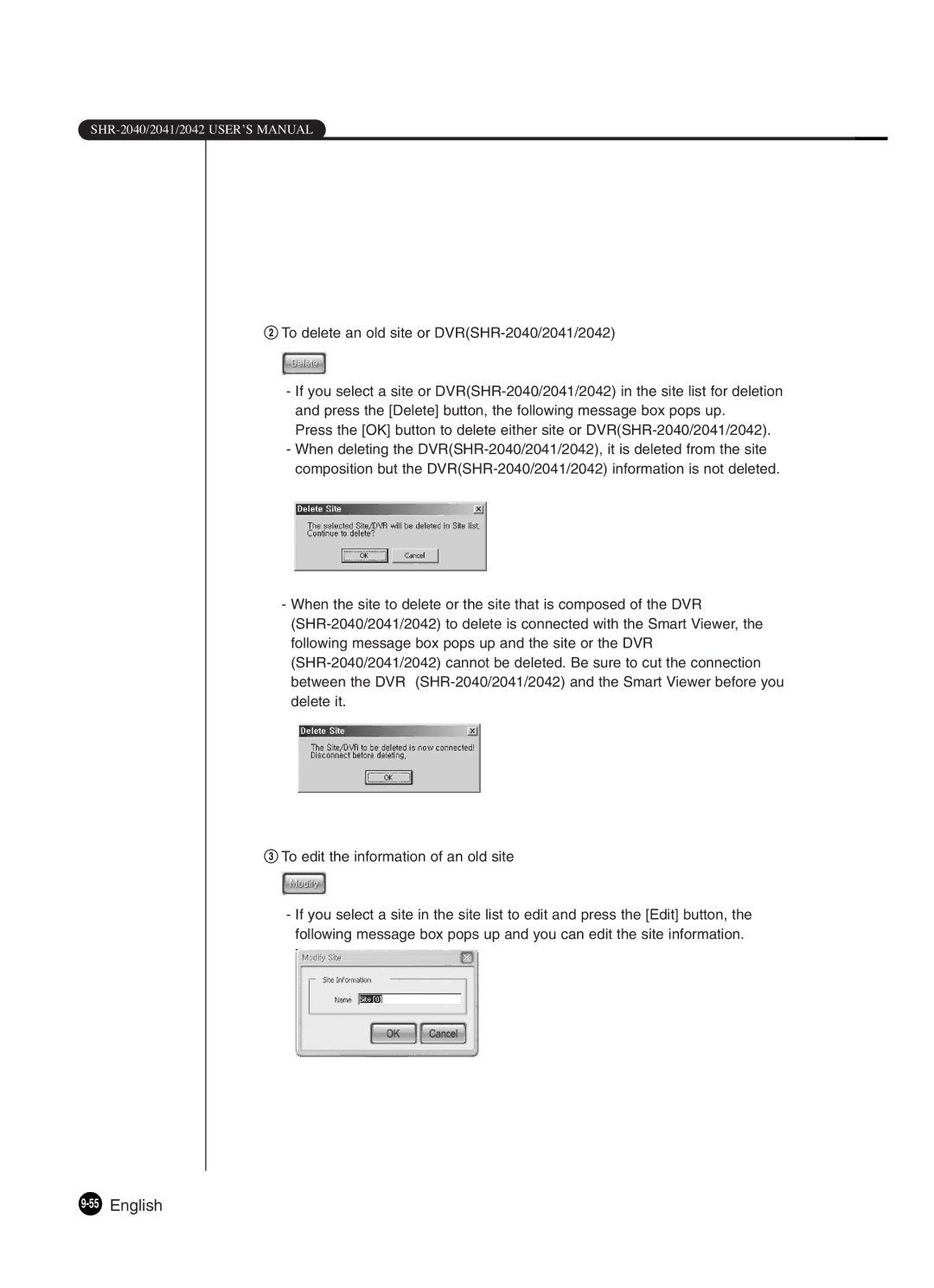 Samsung SHR-2042P250, SHR-2040P250 manual 55English, @ To delete an old site or DVRSHR-2040/2041/2042 