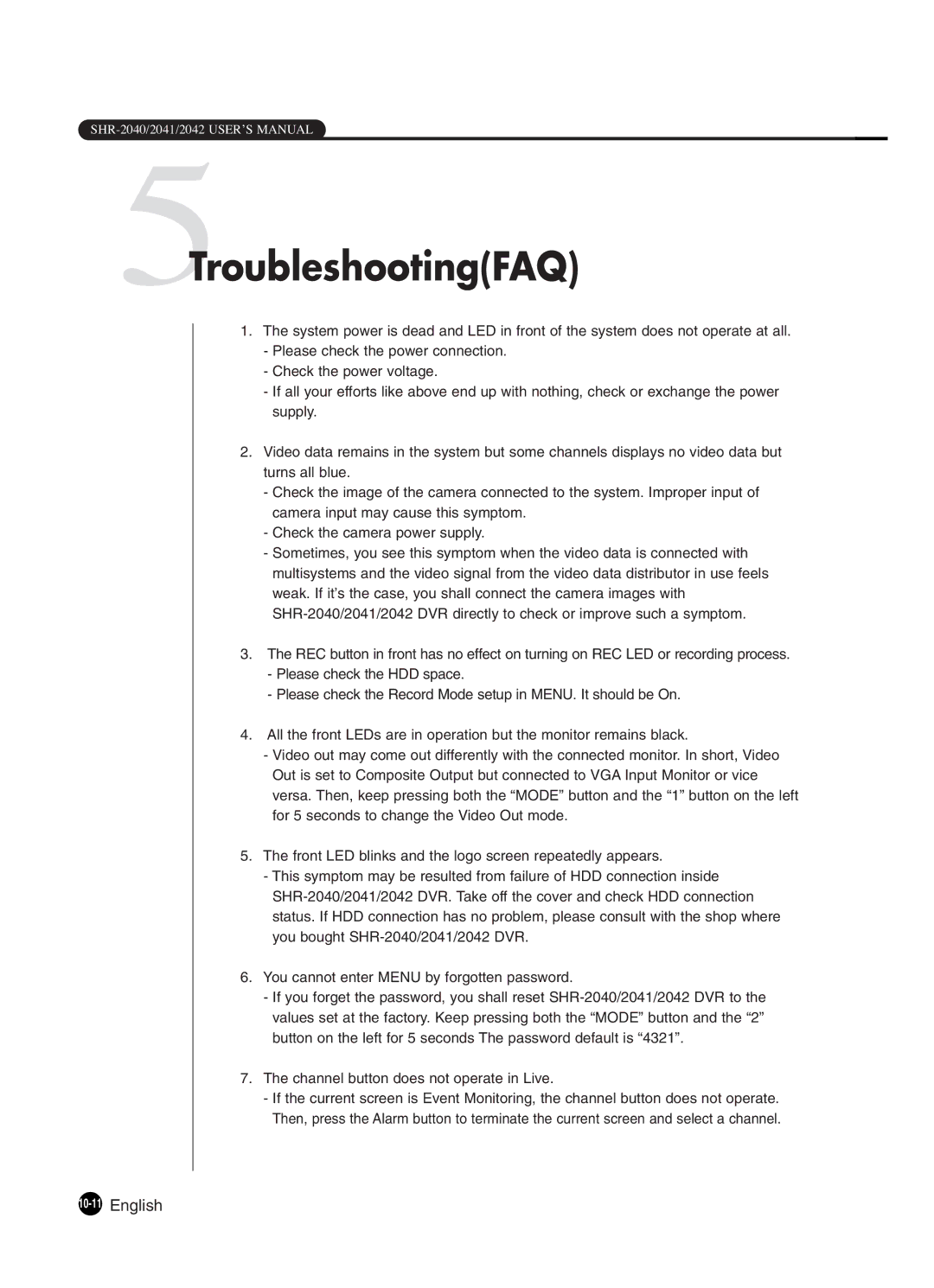 Samsung SHR-2042P250, SHR-2040P250 manual 5TroubleshootingFAQ, 10-11English 