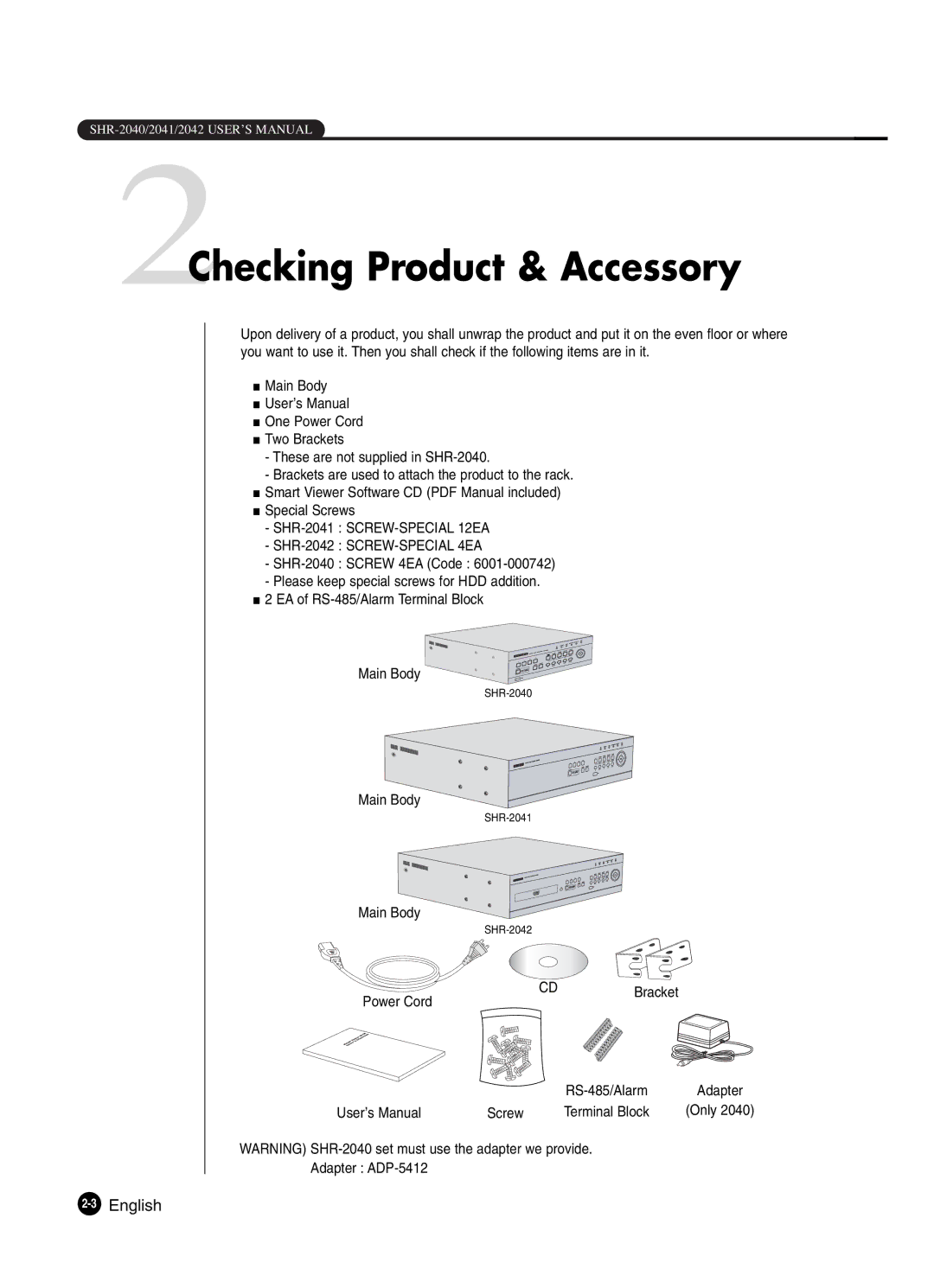 Samsung SHR-2042P250, SHR-2040P250 manual 2Checking Product & Accessory, 3English 