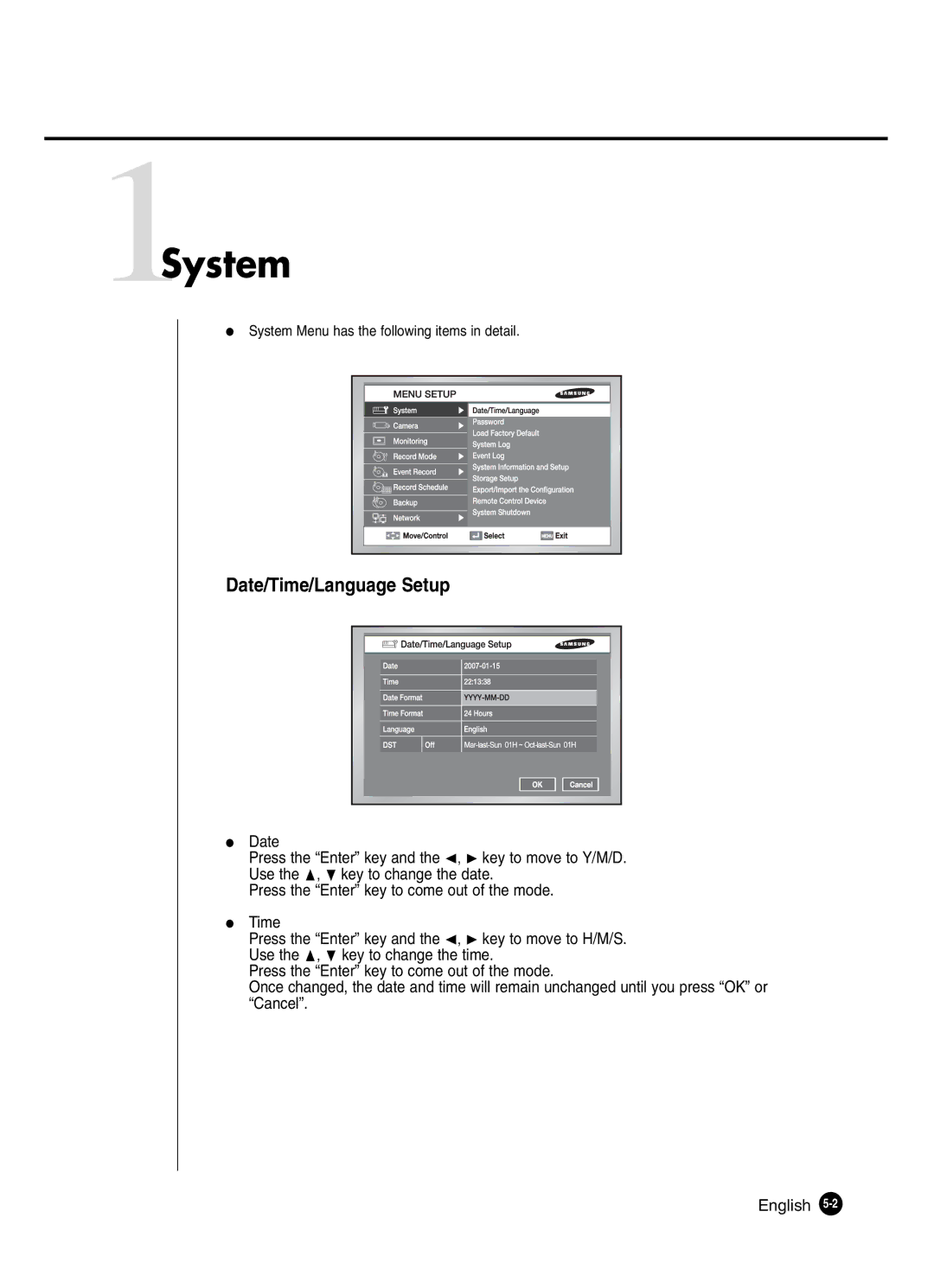 Samsung SHR-2042P250, SHR-2040P250 manual 1System, Date/Time/Language Setup 