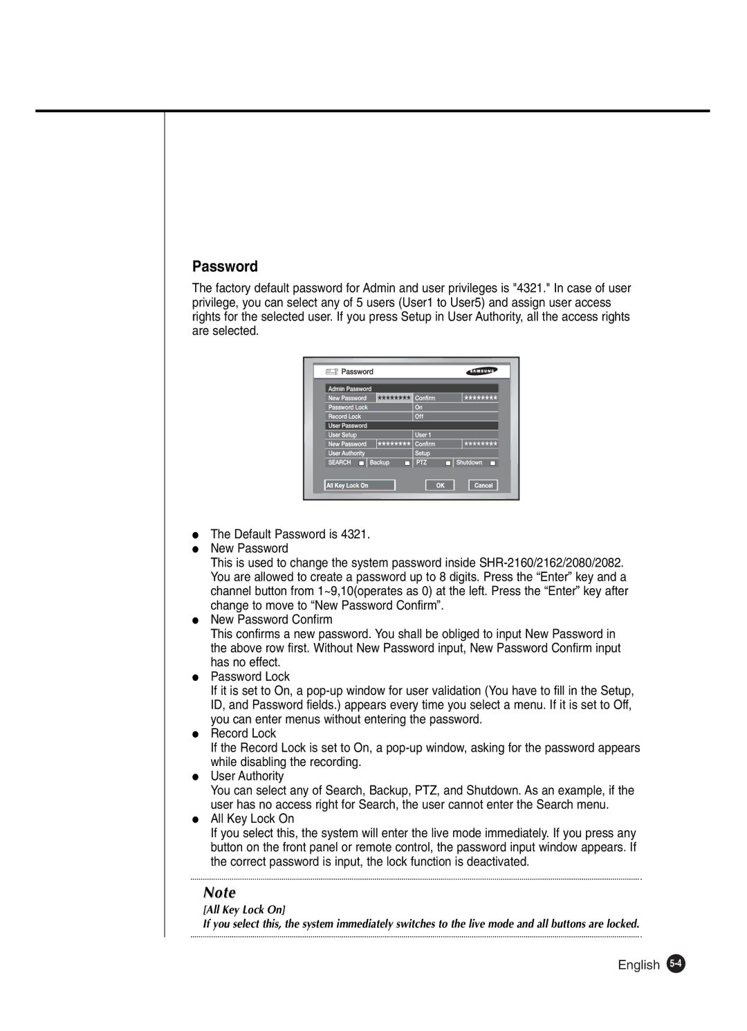 Samsung SHR-2040P250, SHR-2042P250 manual Password, All Key Lock On 