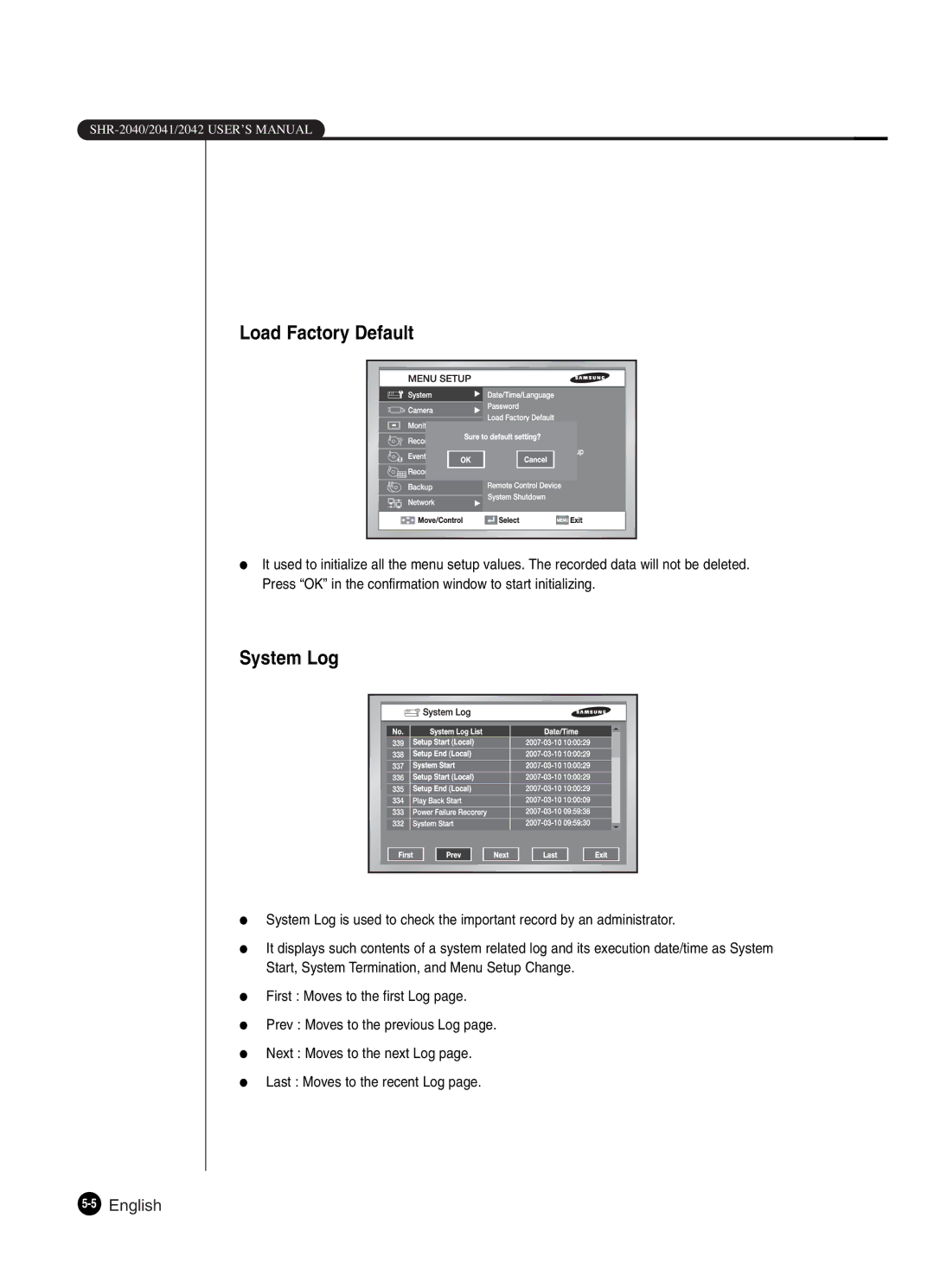 Samsung SHR-2042P250, SHR-2040P250 manual Load Factory Default, System Log 